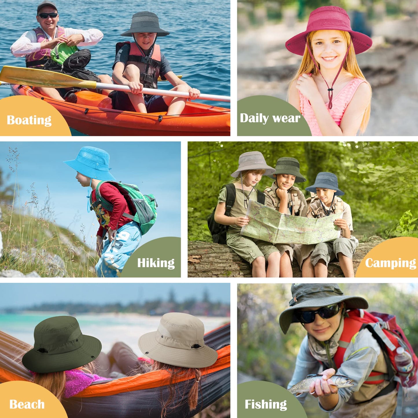 Zando 2 Pack Outdoor Kids Sun Hat UPF 50+ Waterproof Breathable Wide Brim Bucket Hat for Boys Girls Quick Dry Windproof Adjustable Chin Strap Summer Beach Fishing Travel Khaki Beige 5-13 Years