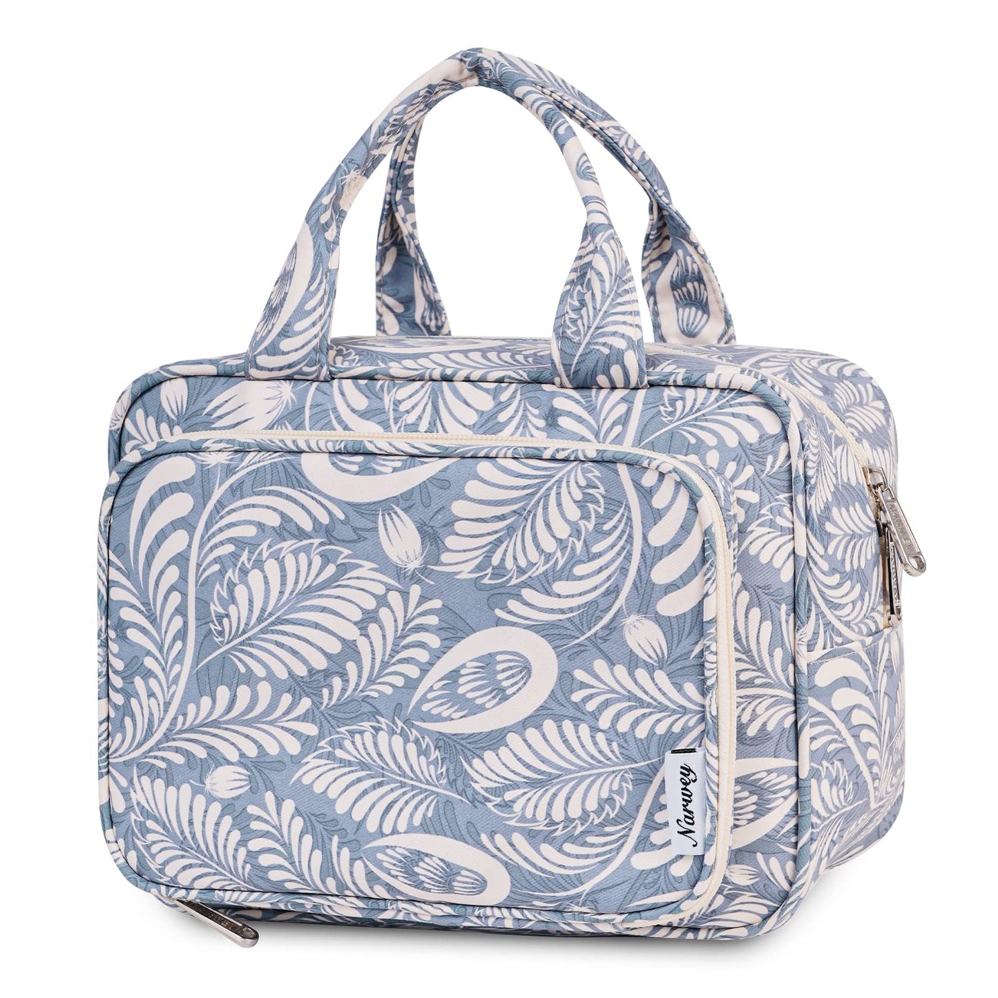 Narwey Full Size Toiletry Bag Large Wash Bag Makeup Bag Travel Organizer Cosmetic Bag for Women (Blue Leaf)