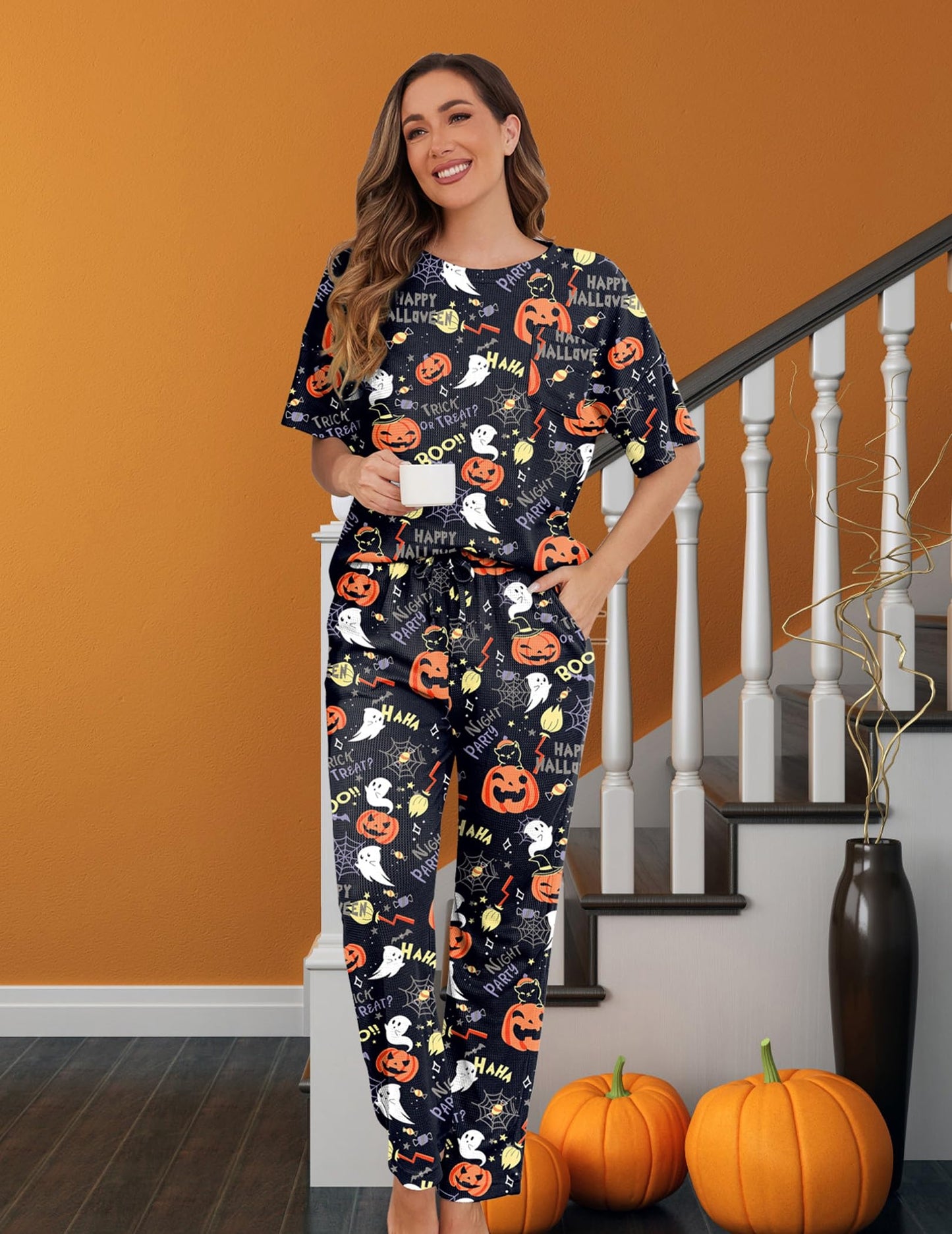 JiniGolla Women's Sleepwear Halloween Ghost Loungewear Pumpkins Pj 2 Piece Pajama Loose Lounge Set XL