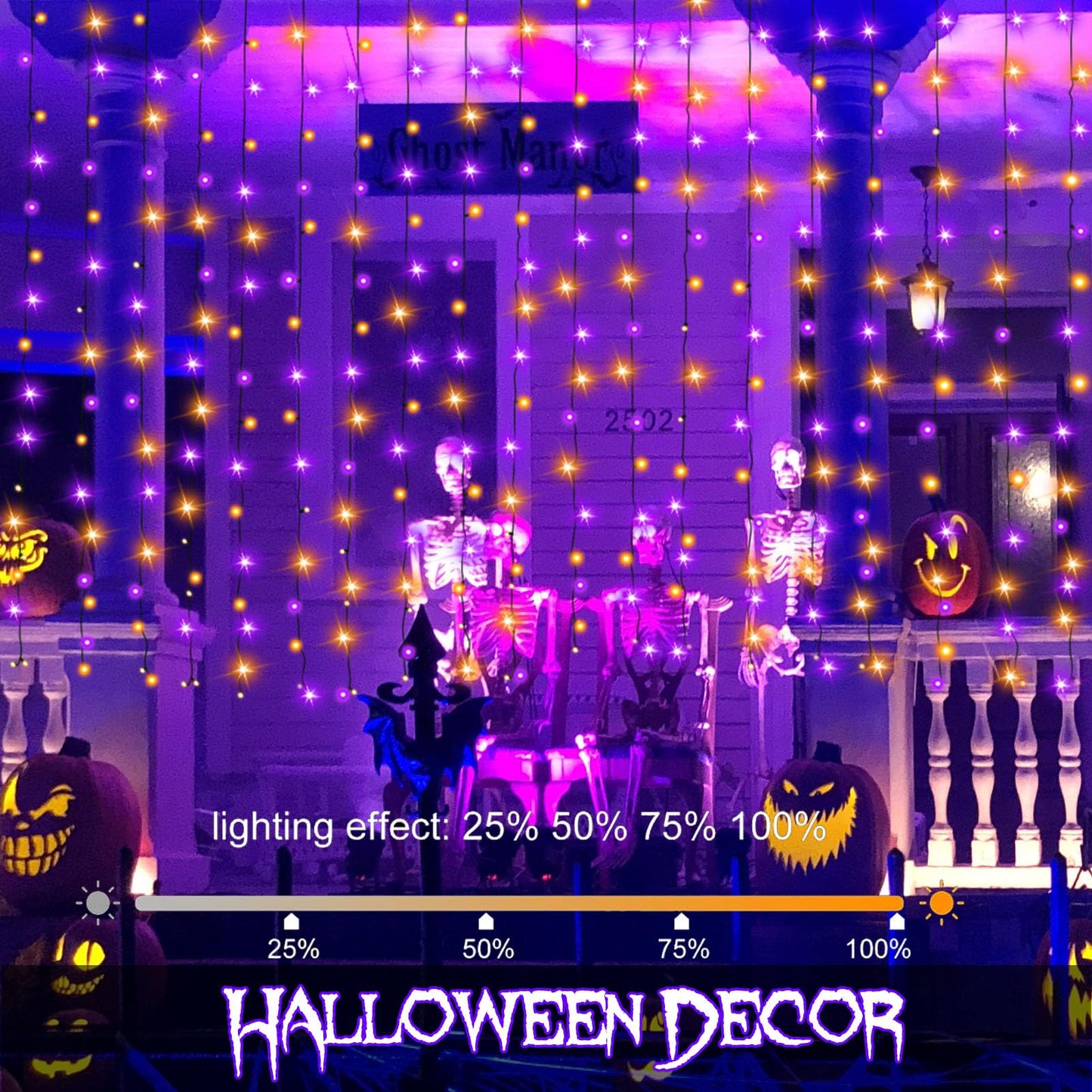 DealBeta Purple Orange Curtain Lights Battery Operated Halloween 300 LED Hanging Curtain Lights with Remote 8 Modes Timer for Wedding Halloween Party Decór (9.8ft×9.8ft)