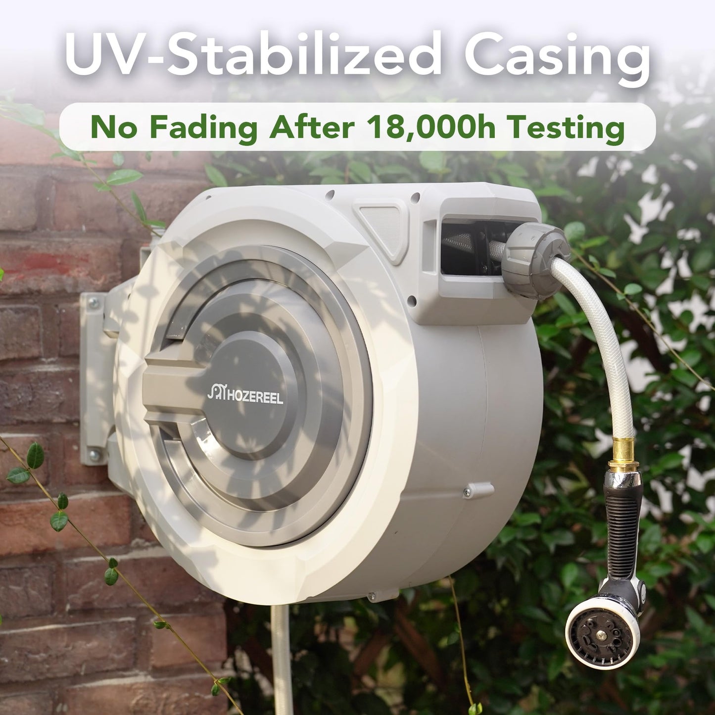 110 FT Retractable Garden Hose Reel by HOZEREEL, Outdoor Garden Hose Reels 1/2" - Automatic Self Retract Wall Mount Hose Reel Enclosed Storage, Any Length Lock, 10 Pattern Nozzle-Grey