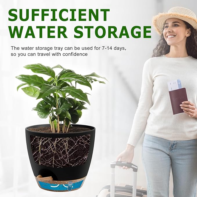 Self-Watering Plant Pots with Water Level Indicator, Drainage Holes & Saucers โ 12/10/9 Inch Large Plastic Planter Set for Indoor & Outdoor Plants(Black)
