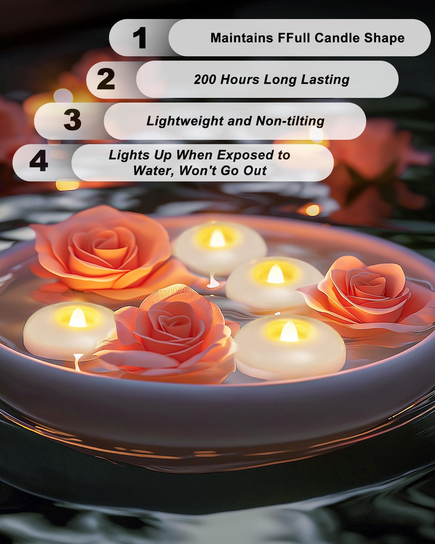 5plots Flameless Floating Candles 3 Inches White Waterproof Led Tealights for Wedding Vases Centerpieces Party Proposal Pool Decor Decoration 200 Hour (24 Pack)