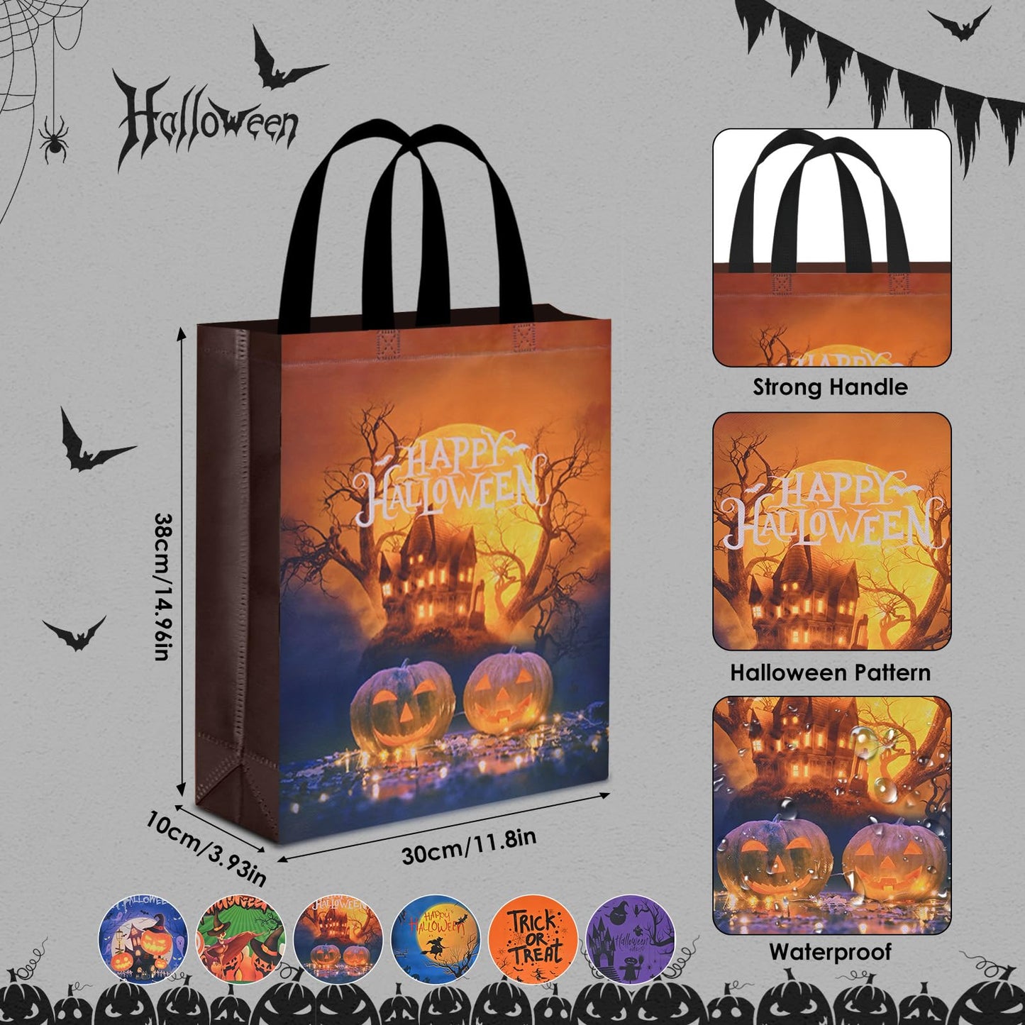 AhfuLife 6 Pcs Halloween Trick or Treat Bags, Large Candy Tote Bags with Handles, Reusable Non-Woven Gift Bag for Halloween Party Supplies Favors (15×11.8×3.9’’)