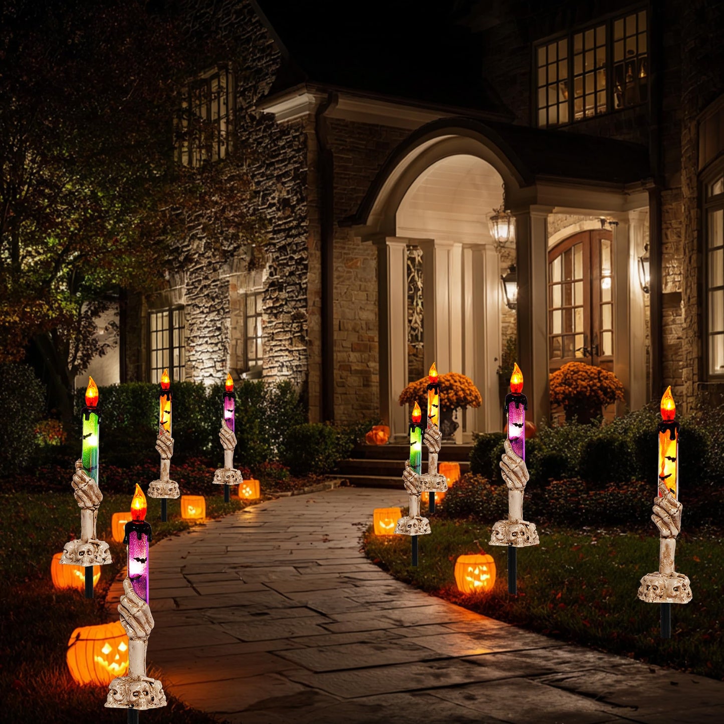 Dazzle Bright Halloween Decorations, 10 Pack Lighted Battery Operated Skeleton Hands Hold Candle with Stakes, Pathway Decor for Indoor Outdoor Party Home Garden