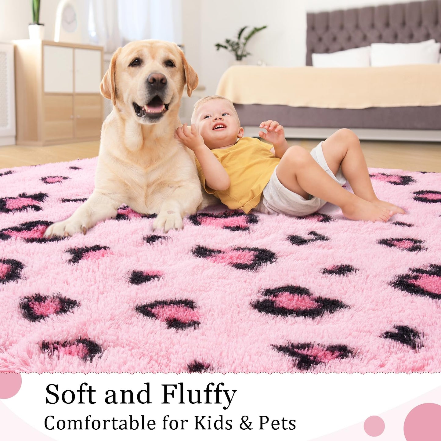 Living Room Area Rug - 5x8 Kids Room Fluffy Bedroom Pink Leopard/Cheetah Print Faux Fur Washable Carpet
