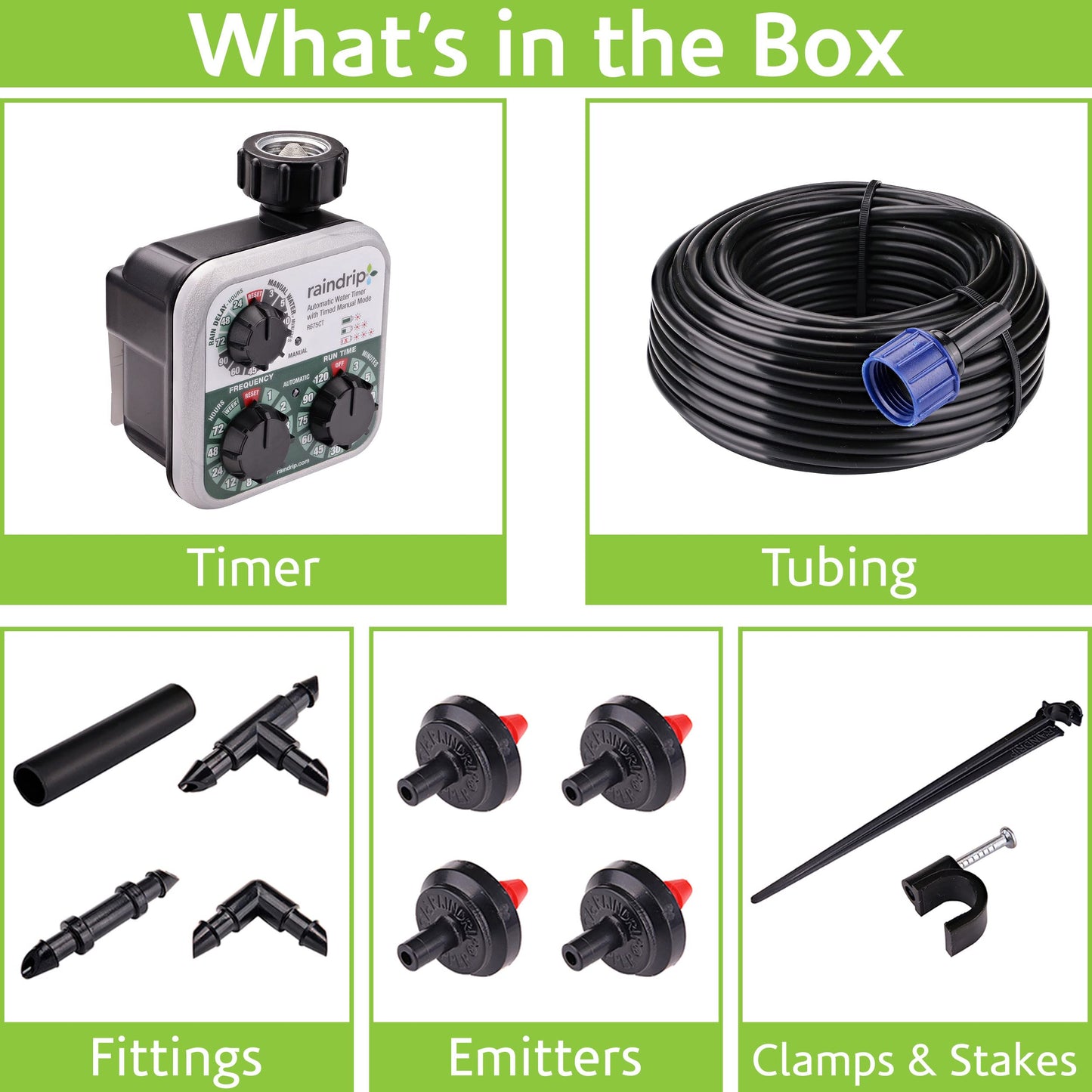 Raindrip R560DP Automatic Drip Irrigation Watering Kit with Customizable Timer for Containers and Hanging Baskets, Waters up to 20 Plants, Includes 20 PC Drippers, Black