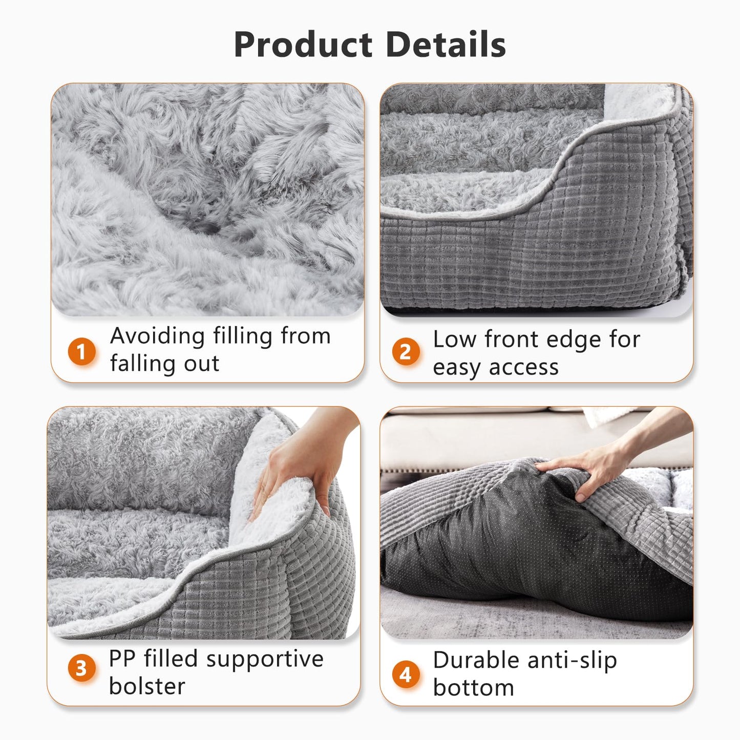 JOEJOY Medium Dog Bed Washable Pet Bed, Orthopedic Calming Dog with Raised Edges Rectangle Bed Non-Slip Bottom Puppy Bed, Soft Rose Velvet Pet Bed For Medium Dogs, Grey, 63x53x21 cm
