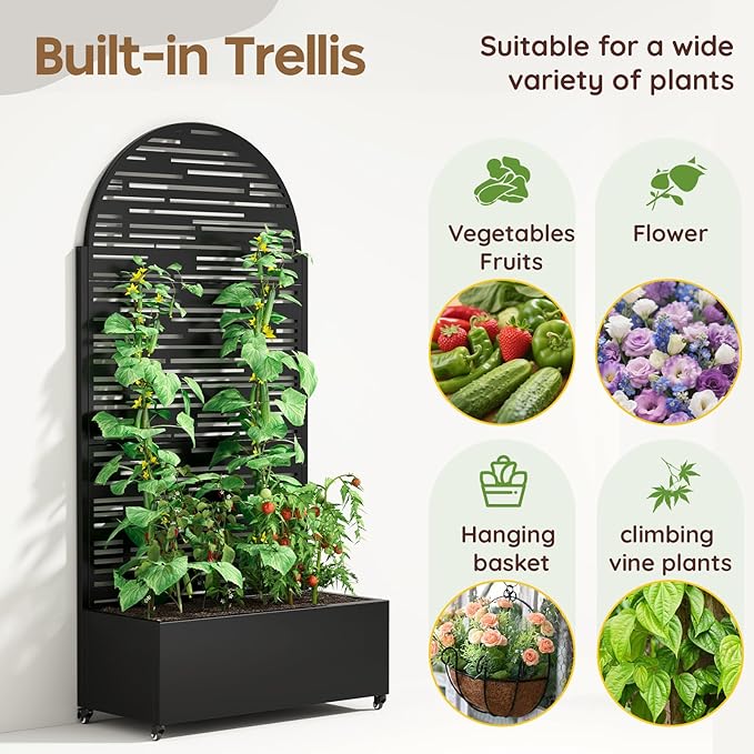 Metal Raised Garden Bed with Trellis & Wheels,72" x 35"x 15.7" Planter Box with Trellis,Privacy Planters for Patio,Garden Bed for Climbing Plants,Suitable for Climbing Plants and Vegetables,Black