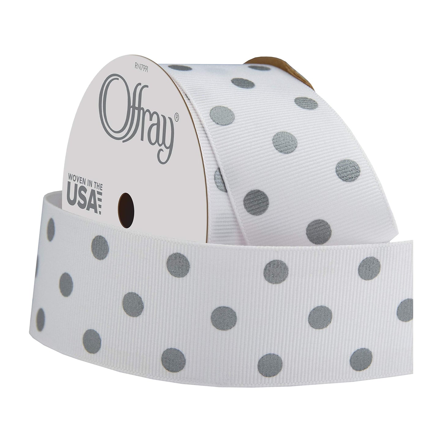 Offray 876600 1.5" Wide Grosgrain Ribbon, Metallic Silver and White Polka Dot, 3 Yards