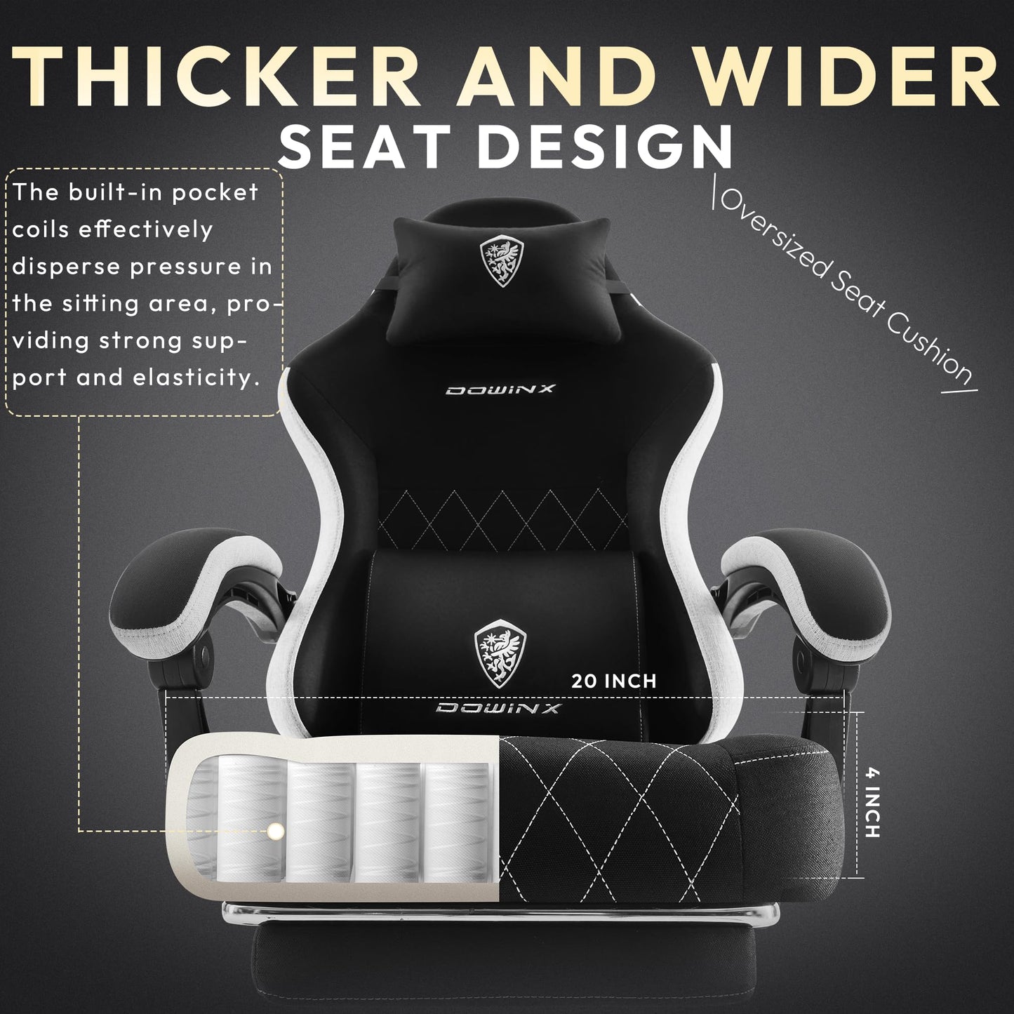 Dowinx Gaming Chair, Breathable Fabric Computer Chair with Pocket Spring Cushion, Ergonomic Massage Gamer chair with Lumbar Support and Footrest, Height Adjustable Office Game chairs for Adults, Black