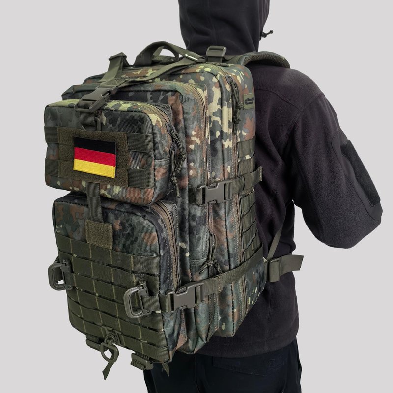 Hannibal Tactical MOLLE Assault Backpack, Tactical Backpack Military Army Camping Rucksack, 3-Day Pack Trip w/USA Flag Patch, D-Rings, Flecktarn