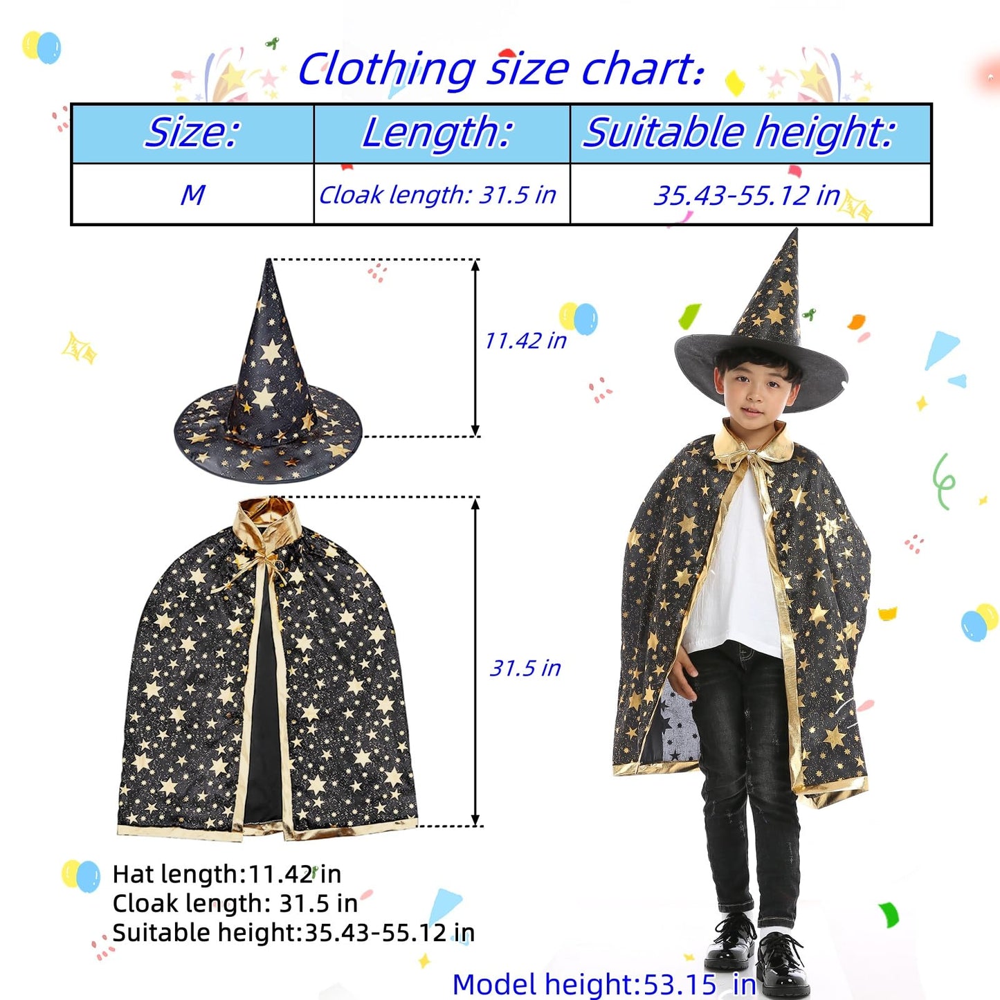 Newland Kids Wizard Cape Costume, 3-10 years Wizard Cape and Hat, Kids Cloak Party Set - Halloween, Cosplay, Dress-Up