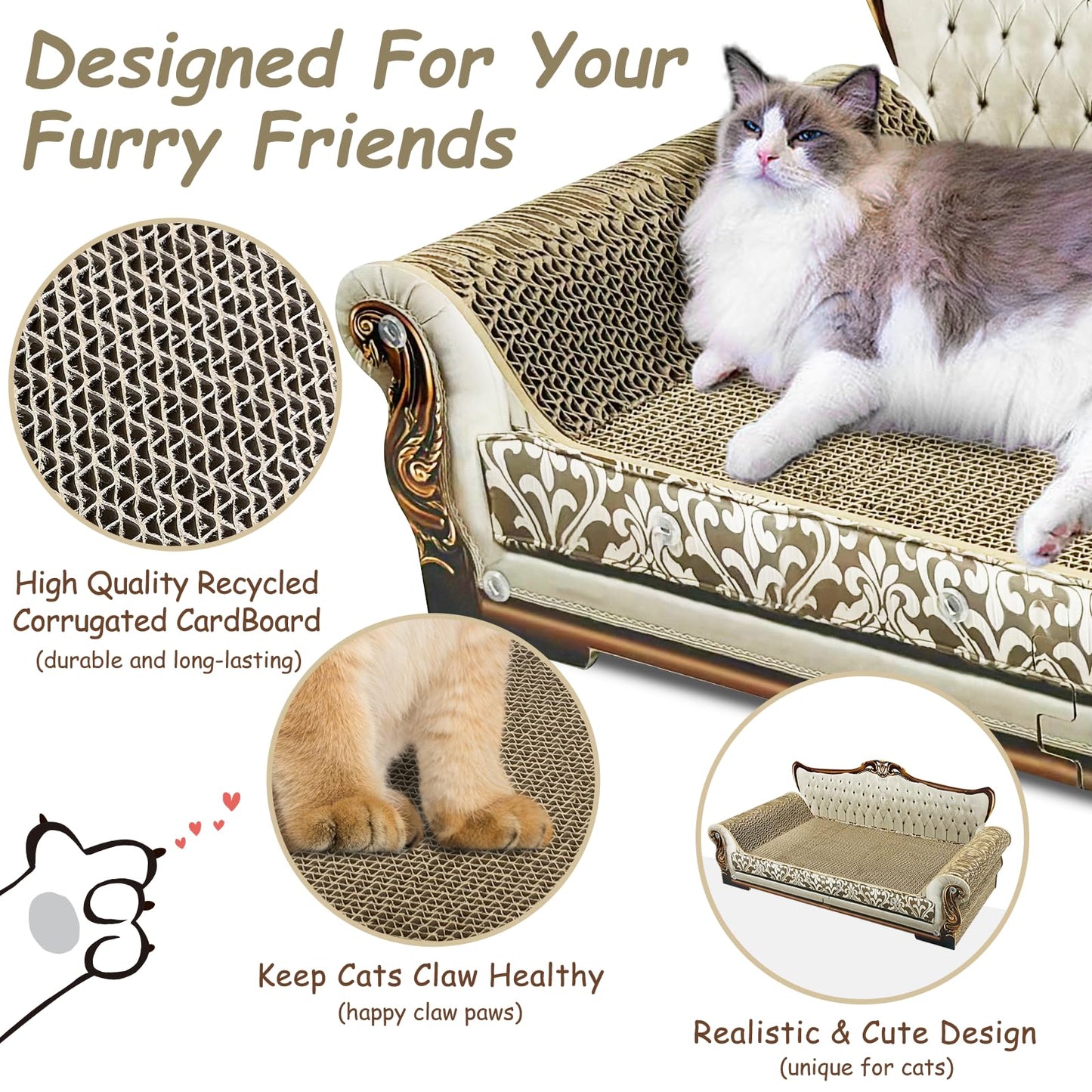 INRLKIT Luxury Cardboard Cat Scratcher Sofa Bed, Couch Shaped Scratching Board, Scratch Lounge with Catnip, Scratcher for Indoor Cats Large Grey