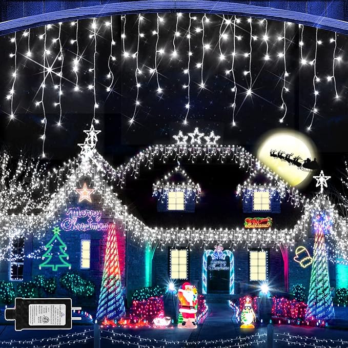 JXLEDAYY Christmas Lights Super Long 1280 LED 131 FT LED String Lights with 240 Drops Plug in 8 Modes Christmas Decoration for Holiday Wedding Party Bedroom Garden Patio Outdoor Indoor (Cool White)