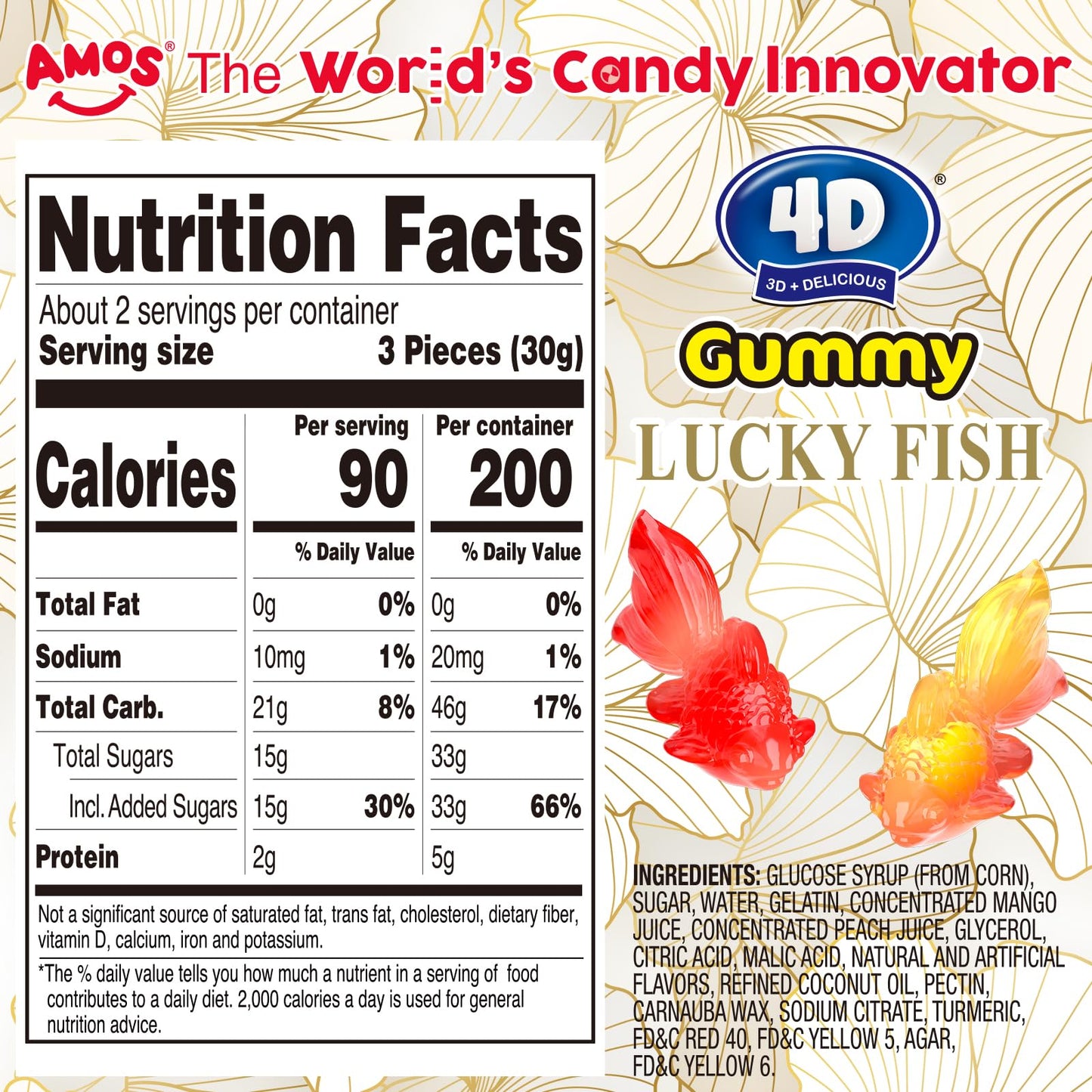 Amos 4D Gummy Lucky Fish Candy, 3D Goldfish-Shaped Gummies with Mango & Peach Juice, 65g per Bag, Gluten-Free Snack