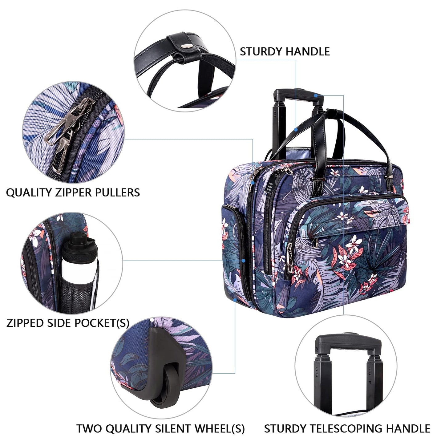 VANKEAN Rolling Laptop Case for Women, Premium Rolling Travel Luggage Bag Fits Up to 15.6 Inch Laptop Carry on Briefcase Water-Proof Overnight Rolling Computer Bags with RFID Pockets