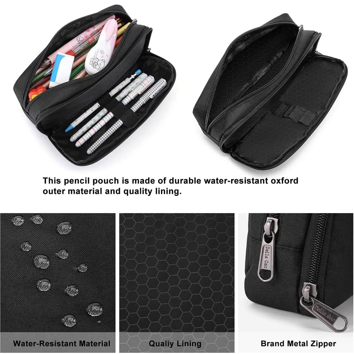 Della Gao Pencil Case Large Capacity Pencil Pouch Aesthetic Pen Bag Office Stationery Organizer Simple Sturdy Multifunctional Pencil Bag for Men - Black