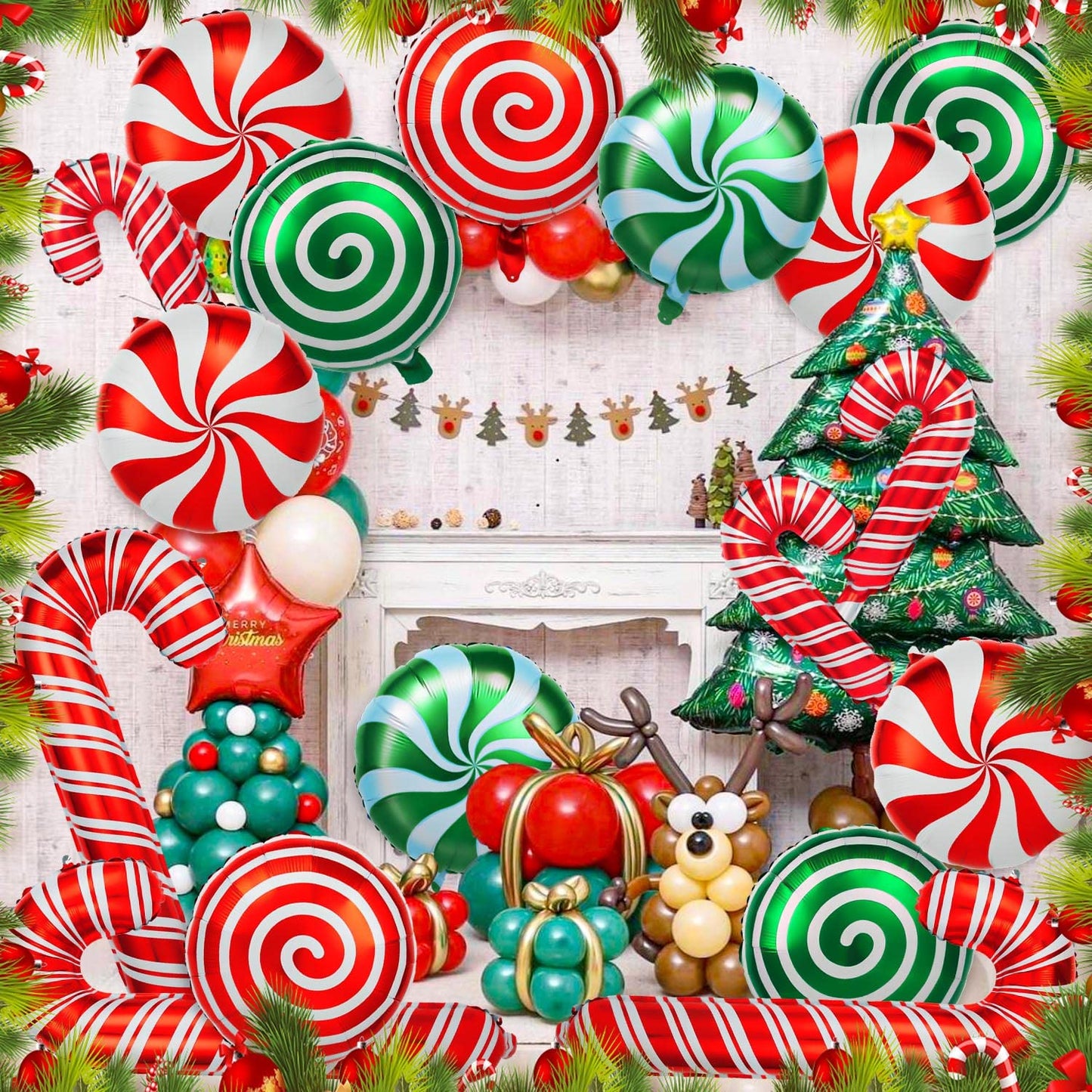 36Pcs Christmas Balloons Kit, Cane Candy Foil Balloons with Ribbons, Red Green Mylar Balloon for Party Decorations