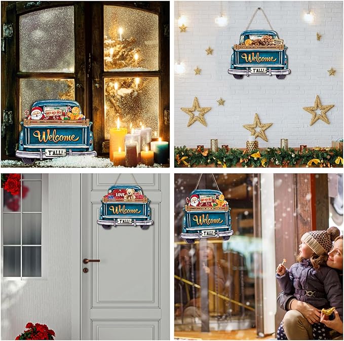 Ferraycle Interchangeable Welcome Sign for Front Door Farmhouse Truck Decor Rustic Hanging Sign with 12 Interchangeable Seasonal Holiday Decor for Fall Thanksgiving Halloween Christmas(Cute Color)