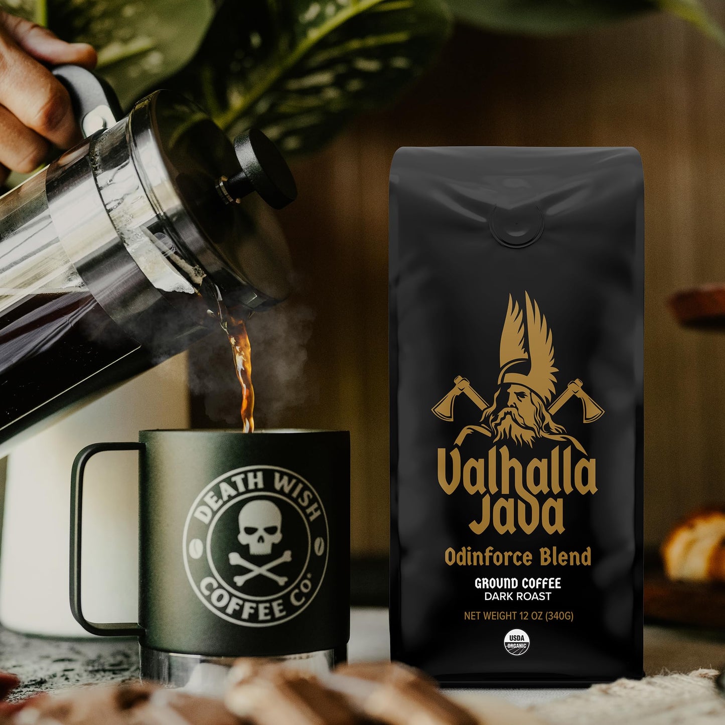 Death Wish Coffee Valhalla Java Dark Roast Ground Coffee, 12 Oz, Bold & Intense Blend of Arabica Robusta Beans, USDA Organic