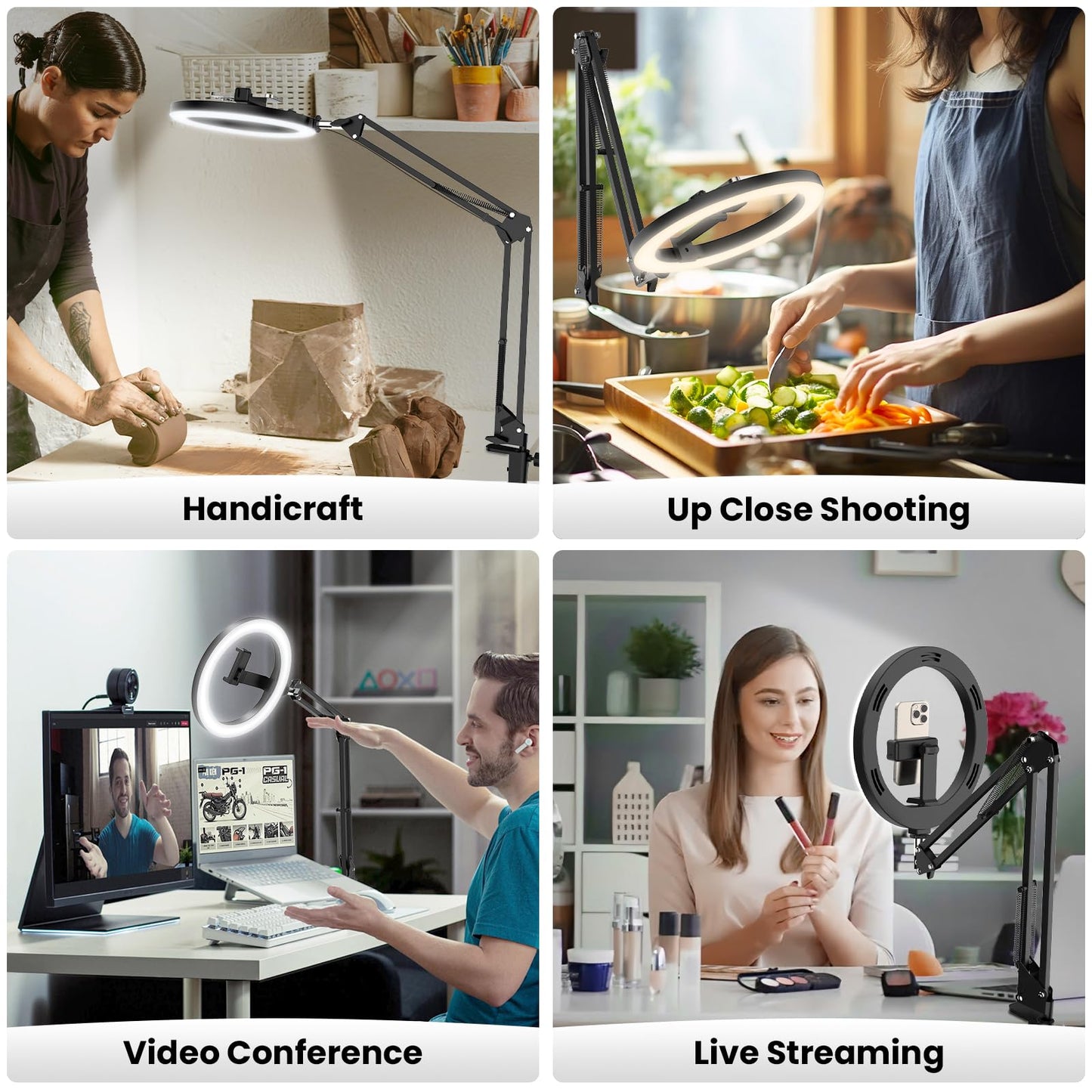 LUXSURE Ring Light with Stand for Desk, Overhead Phone Mount with 10" Ring Light Tripod for iPhone, CRI>95, Phone Tripod with Light for Video Recording, Cooking, YouTube, Content Creation