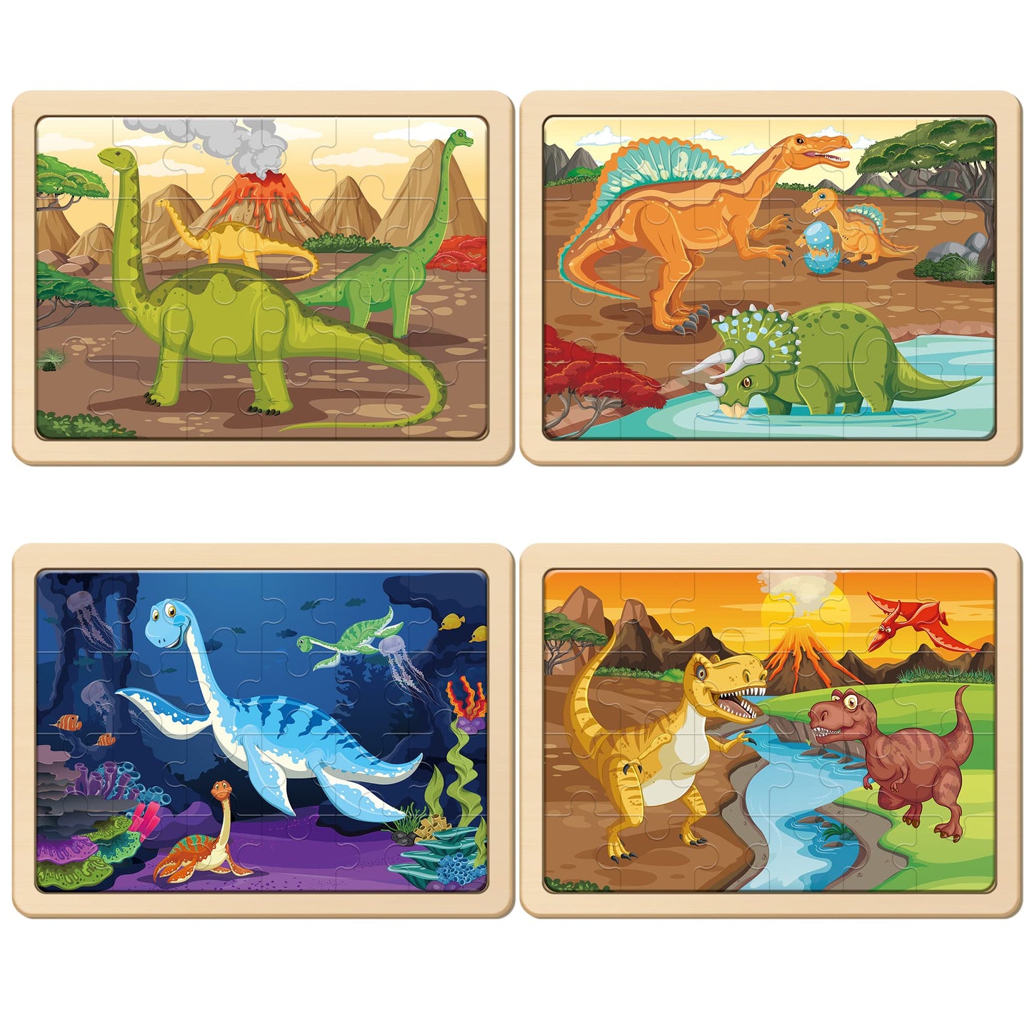 SYNARRY Wooden Dinosaur Jigsaw Puzzles for Kids Ages 3 4 5 6, 4 Packs 24 Piece Dino Puzzles, Preschool Educational Games Gifts for Children, Dinosaur Toys for 3 4 5 6 Year Old Boys Girls