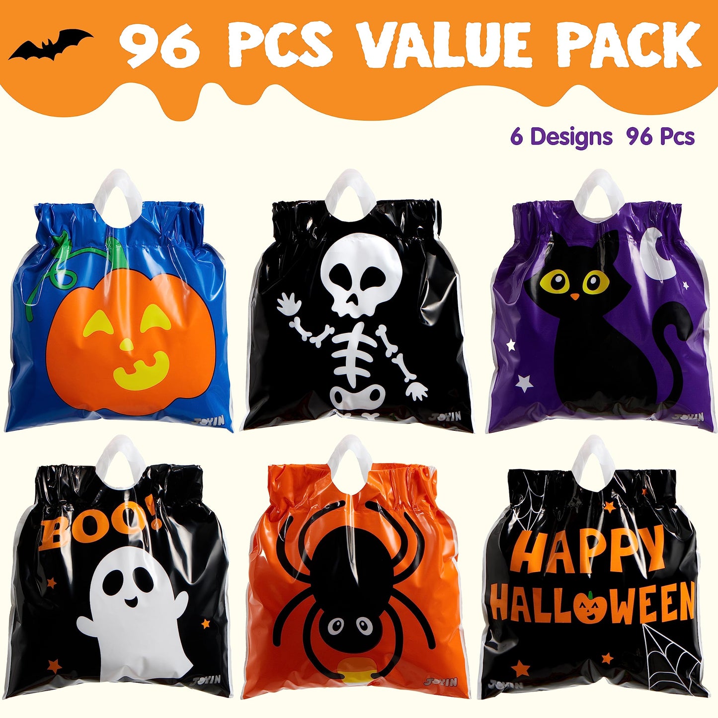 JOYIN 96 Pcs Halloween Drawstring Candy Bags, Small Trick or Treat Goodie Bags Bulk, 6 Designs Halloween Plastic Gift Bag for Kids Trick or Treating, Boys Girls Party Favors Supplies, Classroom Gifts