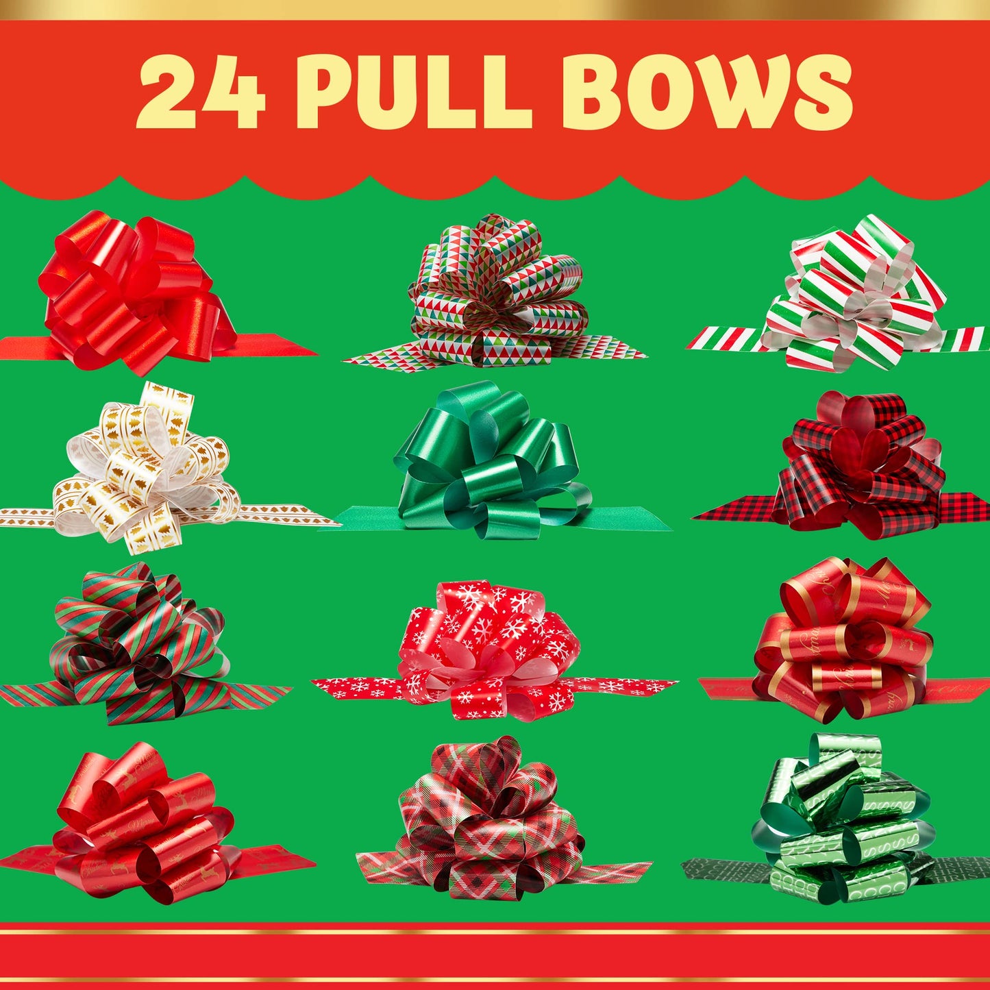 JOYIN 24 PCS Christmas Pull Bows for Gift Wrapping 4.7", Gift Wrap with Ribbon Pull Bows, Easy and Fast Wrapping Accessory for Xmas, Baskets, Wine Bottles, Present, Florist, Bouquet Decoration