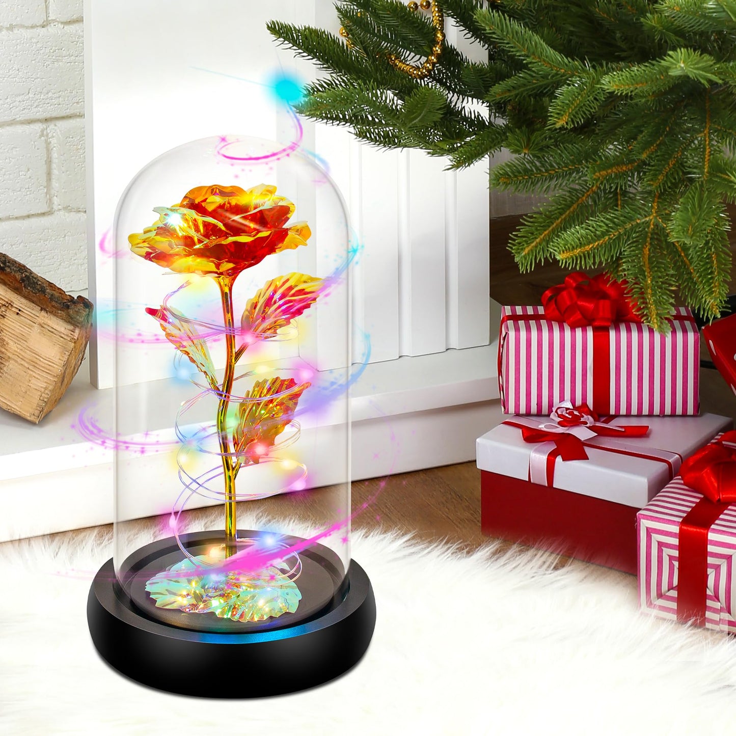 Childom Valentines Day Rose Gifts for Her,Birthday Gifts for Women Mom Mothers Day,Flowers for Delivery Prime,Rotating Red Light Up Rose in A Glass Dome,Anniversary Valentines Rose Gift for Wife