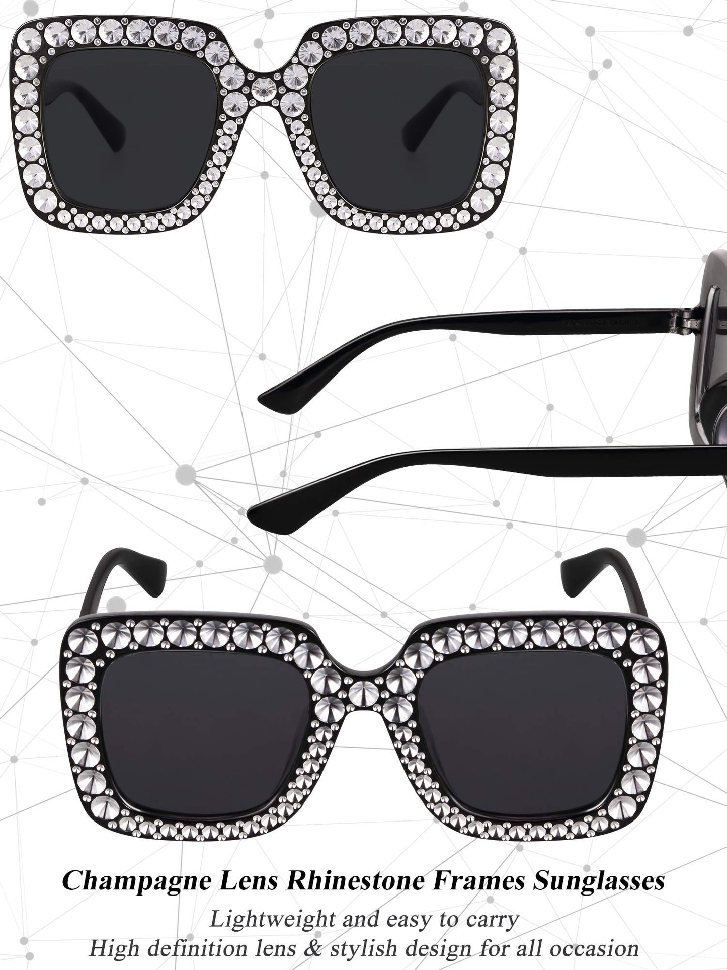 Frienda 1 Pcs Retro Disco Sunglasses Women Rhinestone Bling Glasses Girl Oversize Glitter Sunglasses 70s Disco Accessories(Black)