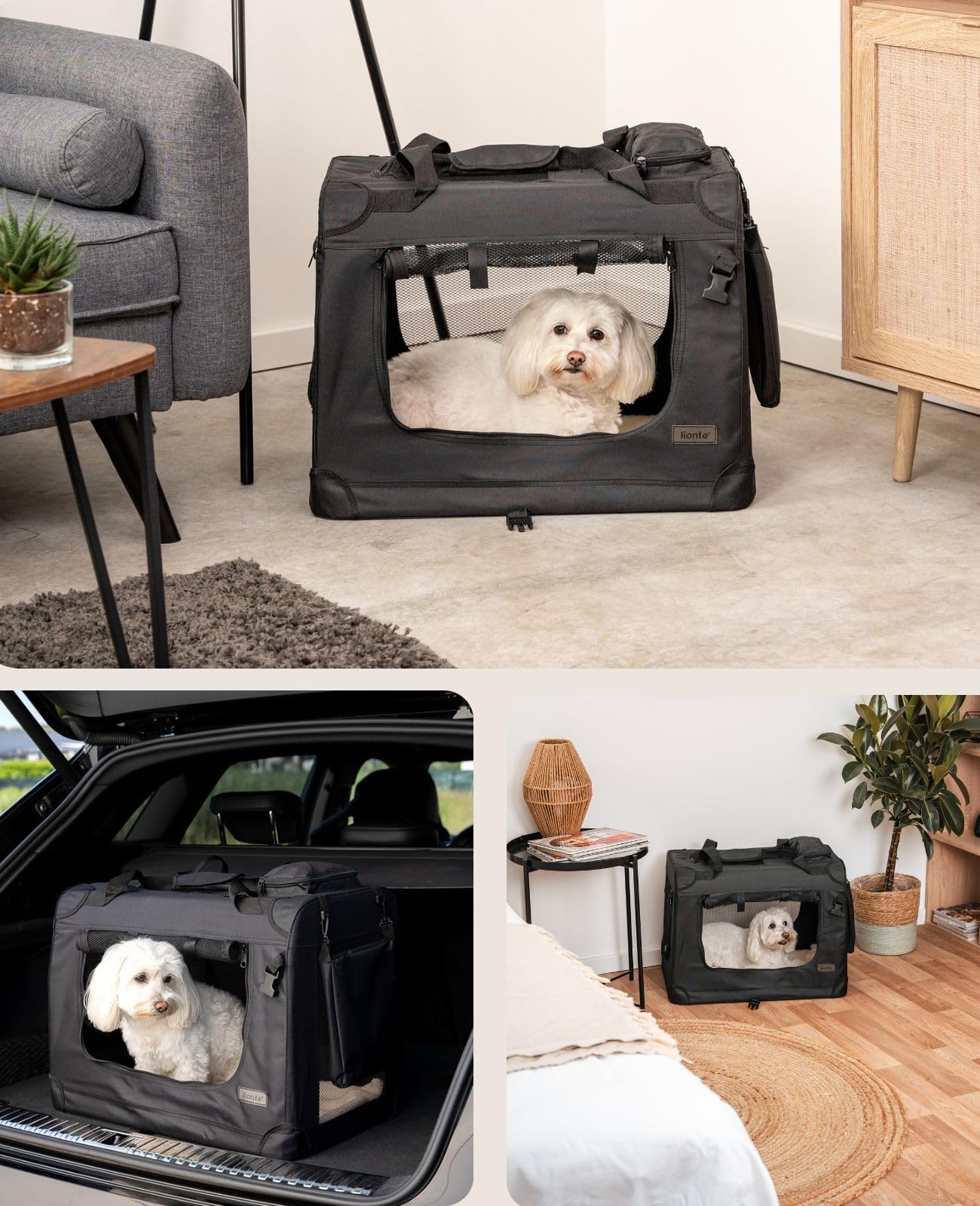lionto Dog transport box foldable for travel & car, 60x42x44 cm, sturdy transport box with carrying handles & blanket for cats & dogs up to 12 kg, sturdy fabric dog box for small & large, black