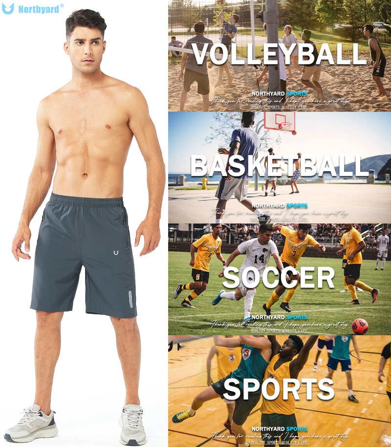 NORTHYARD Men's Athletic Running Shorts Gym Workout 7"/9"/5" Quick Dry Lightweight Sports Basketball Tennis 3 Zipper Pockets COOLGREY-9inch XL