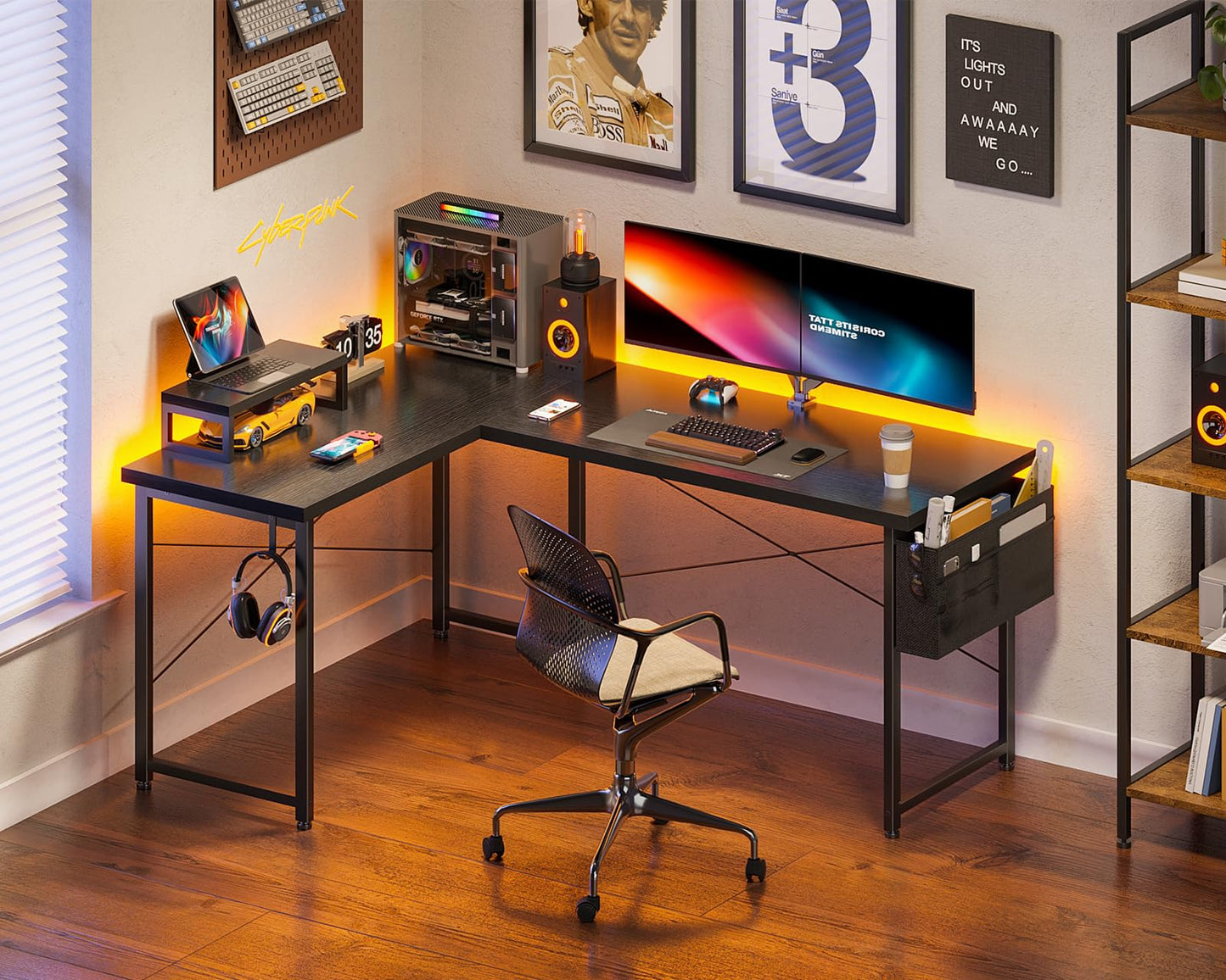 Casaottima L Shaped Computer Desk with Storage Bag, 57.5 Inch Reversible Gaming Table, Home Office Corner Desk with Monitor Shelf, Space-Saving Writing Workstation Desk, Easy to Assemble, Black