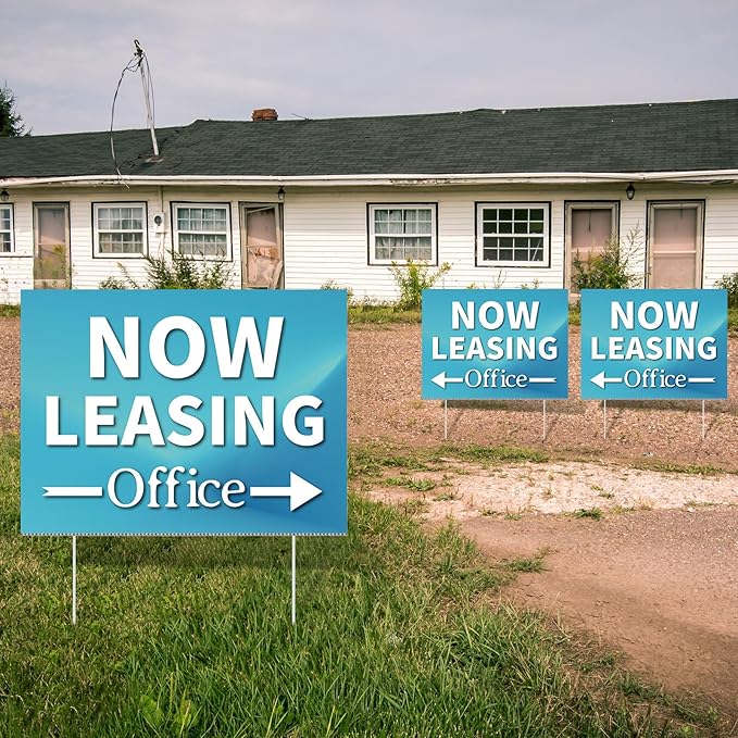 Ripeng 3 Pcs Leasing Double Sided Yard Signs with Arrow 16 x 12 Inch Yard Signs with Stakes for Outdoor Office Retail Store Restaurant Bar Hotel(Now Leasing Office)