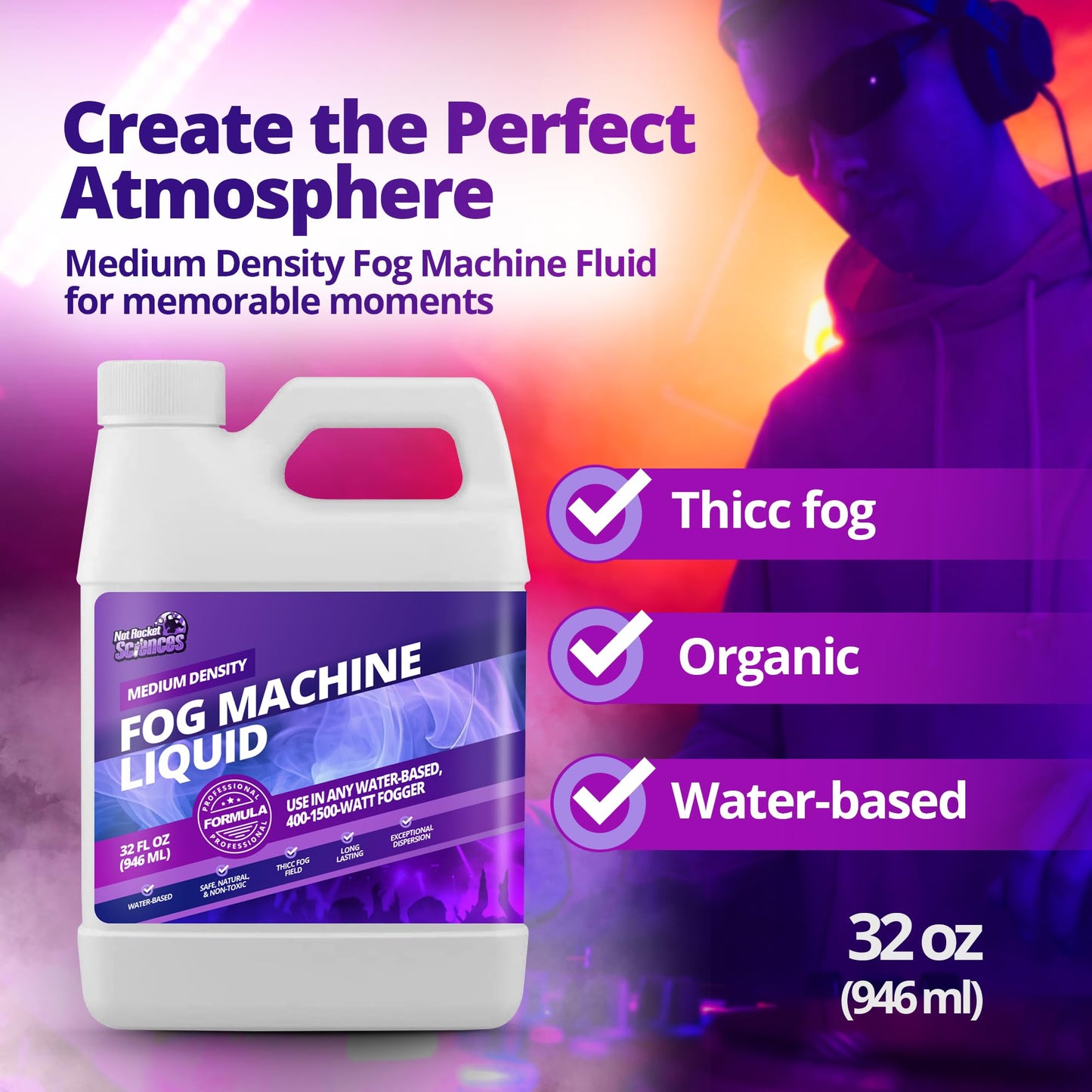 32oz Fog Machine Liquid Smoke - Medium Density Smoke Machine, Fog Juice for 400-1500 Watt Foggers, Water-Based, Lasting & Ultra Thick Atmosphere, Ideal for Concerts, Parties & Events