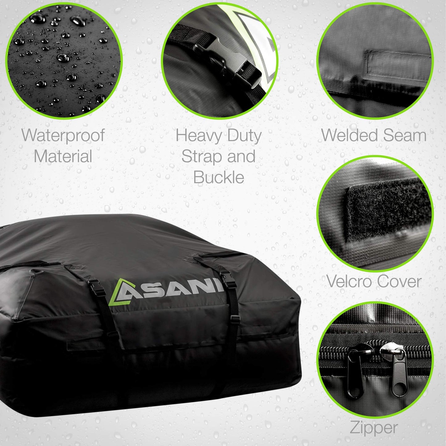 Asani Waterproof Car Roof Top Cargo Carrier Bag with 8 Heavy-Duty Straps and Buckles | Weatherproof Luggage Roofbag for Rooftop Racks | Car Topper Bag for Sedan, SUV, Vans & More (15 Cubic Feet)