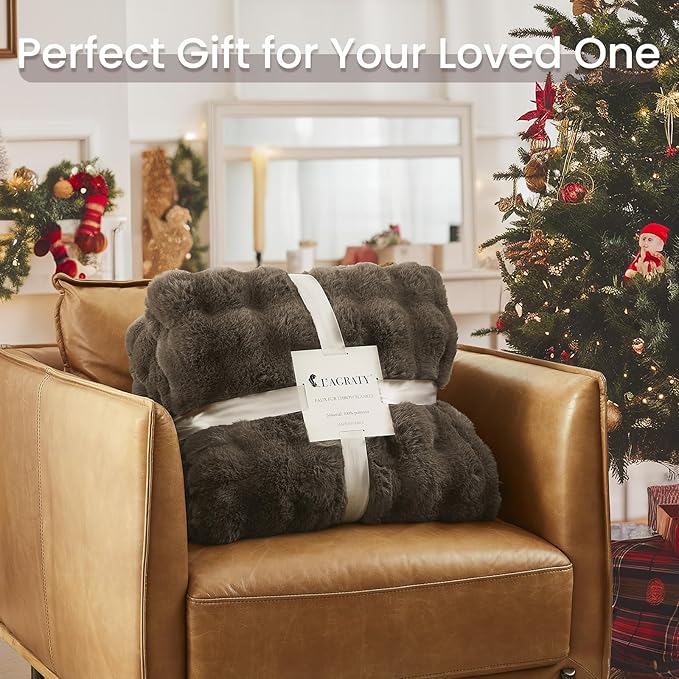 L'AGRATY Faux Rabbit Fur Blanket: 50" x 60" Luxury Soft Fluffy Thick Fur Throw Blanket for Couch Bed Sofa - Cozy Plush Bubble Blankets for Winter: Warm Flannel Fleece Decorative Blanket(Cocoa Brown)