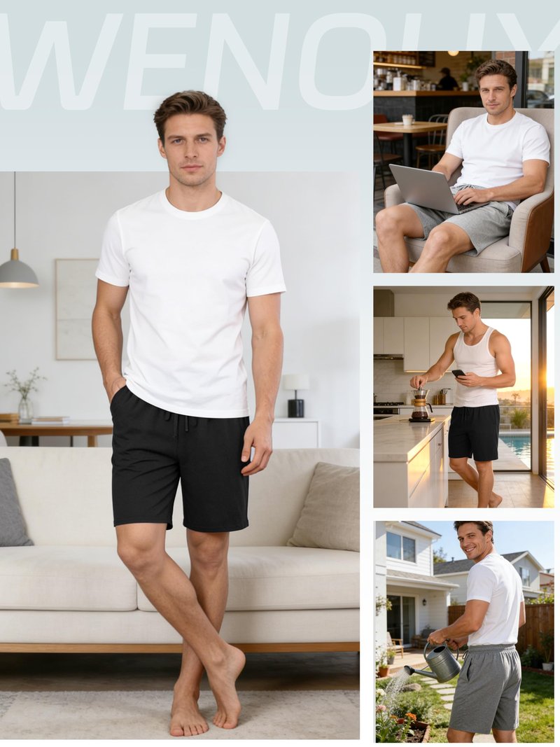 Wenouy 3 Pack Mens Cotton Pajama Shorts Soft Comfortable Lounge Shorts with Drawstring & Two Pockets Sleep Bottoms for Men Black, Gray, Light Gray XL