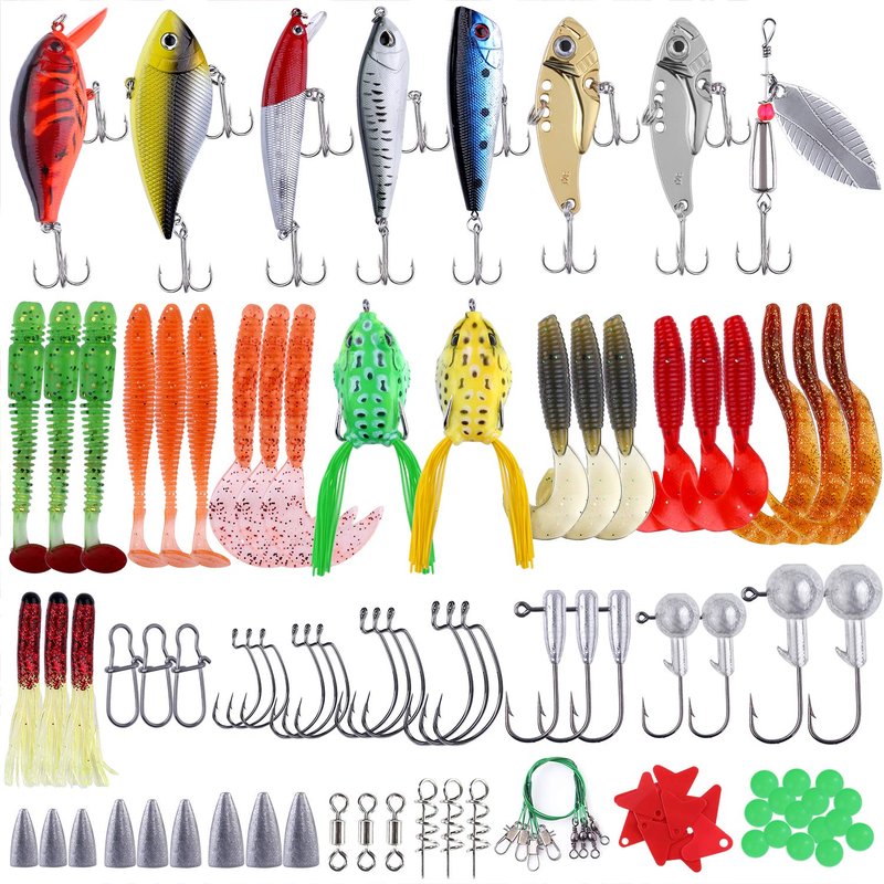 PLUSINNO 210pcs Fishing Lures Fishing Tackle Box Fishing Gifts for Men, Bass, Trout Fishing Accessories Kit for Saltwater & Freshwater Fishing Gear Including Topwater Lures, Hooks, Spinnerbaits
