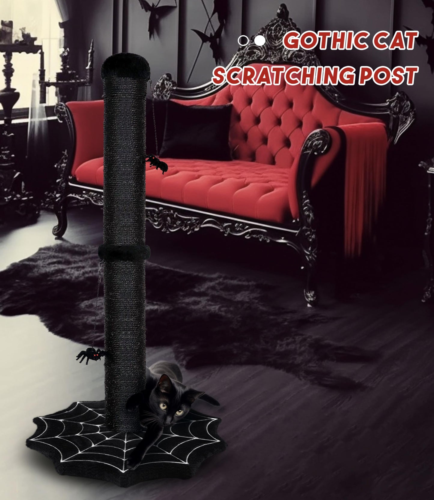 PuzzlePaw Gothic Cat Scratching Post with Spider Dangling Toys for Indoor Cats, Halloween Spooky Cat Scratcher,Activity Cat Play Center Goth Cat Tree Tower Furniture with Cobweb Base,Black