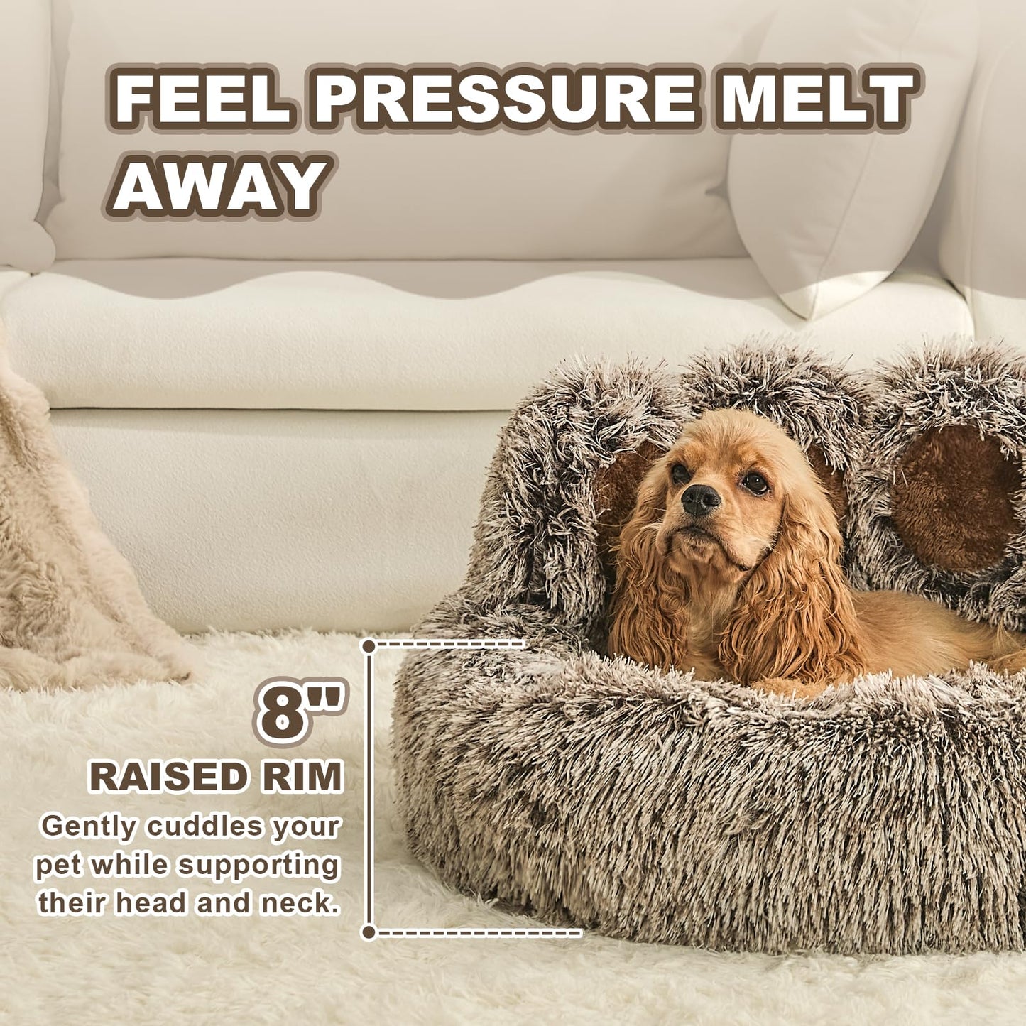 Jiupety Paw Shape Calming Pet Bed, Plush Faux Fur Donut Bed for Dogs & Cats, Machine Washable, Non-Slip Bottom, Large Size (26"×26"×8"), Gray