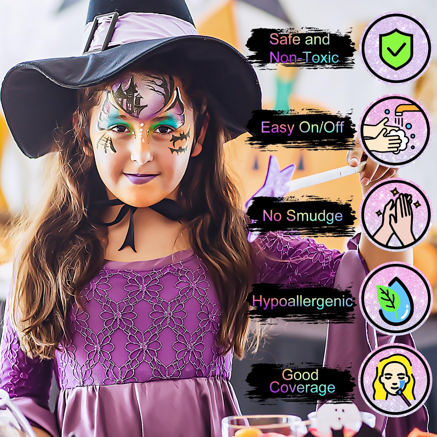 Fenmay Face Painting Kit for Kids, 24 Colors Washable Face Paint, Safe for Sensitive Skin, Non-Toxic Professional Face Painting Kit, Halloween Birthdays Makeup Set with Stencils, Guide Book