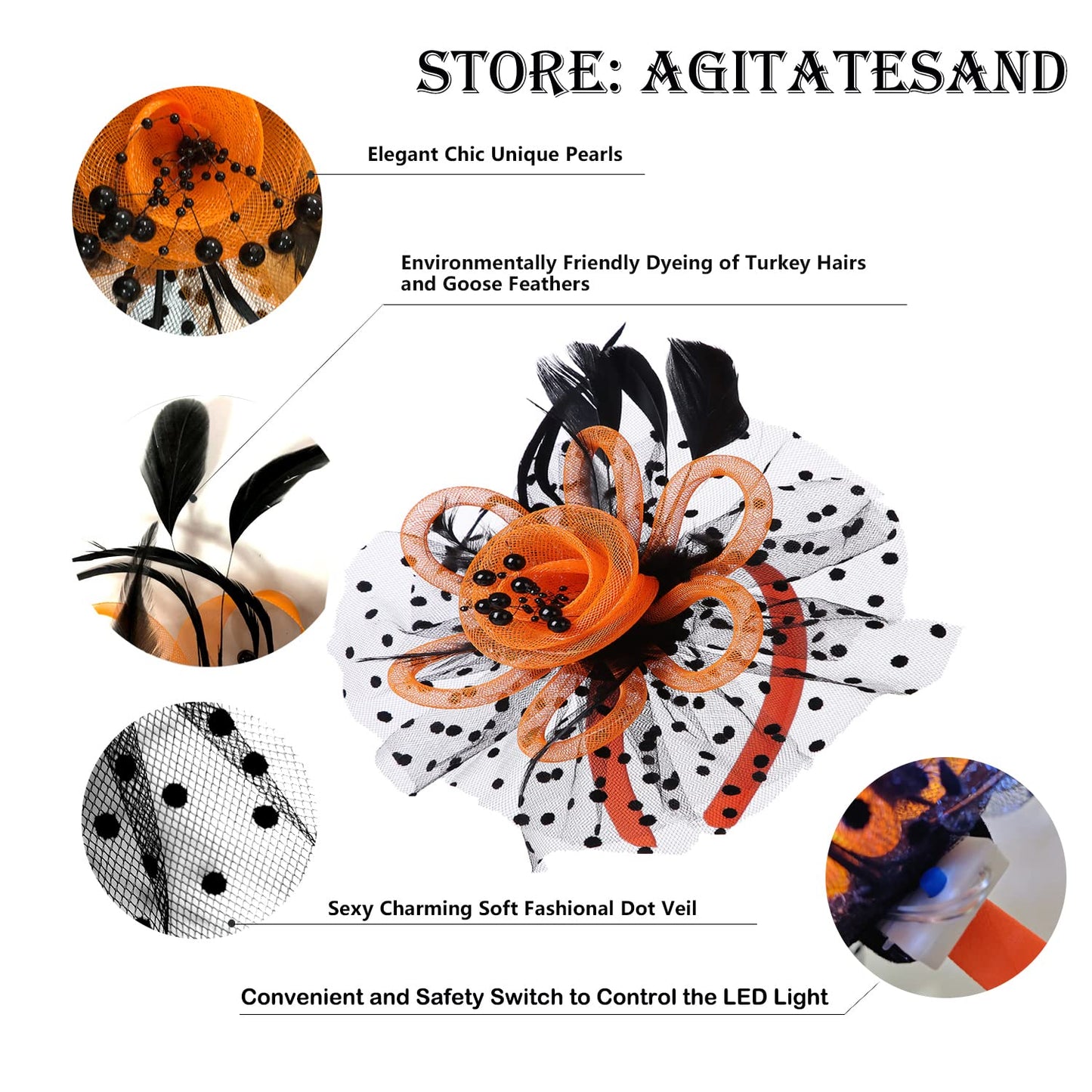 AGITATESAND Orange and Black LED Light up Fascinator Headwear Feather Mesh Tea Party Headband Halloween Fascinator Hats for Women Lighting Hairbands