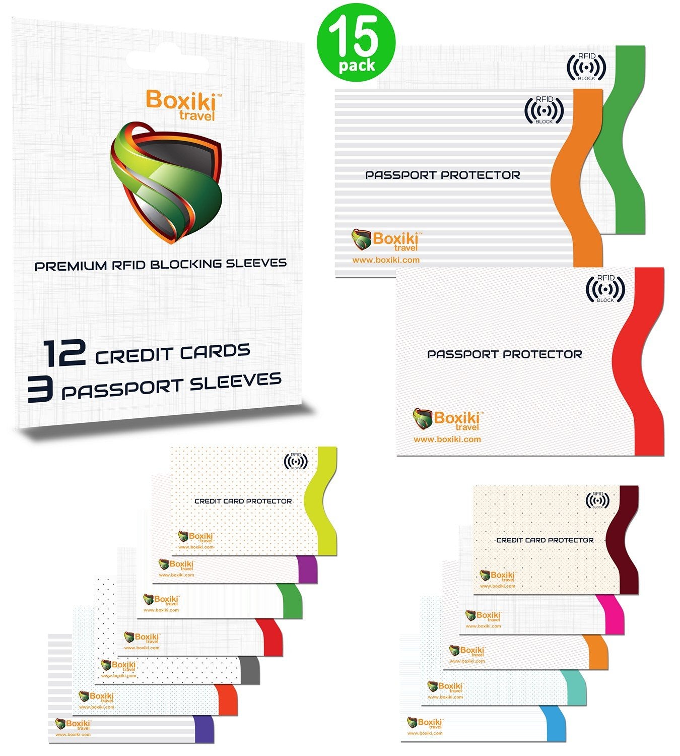 Boxiki Travel Set of 15 RFID, Set with Color Coding | Identity Theft Prevention RFID Blocking Envelopes and Passport Covers (White Collection)