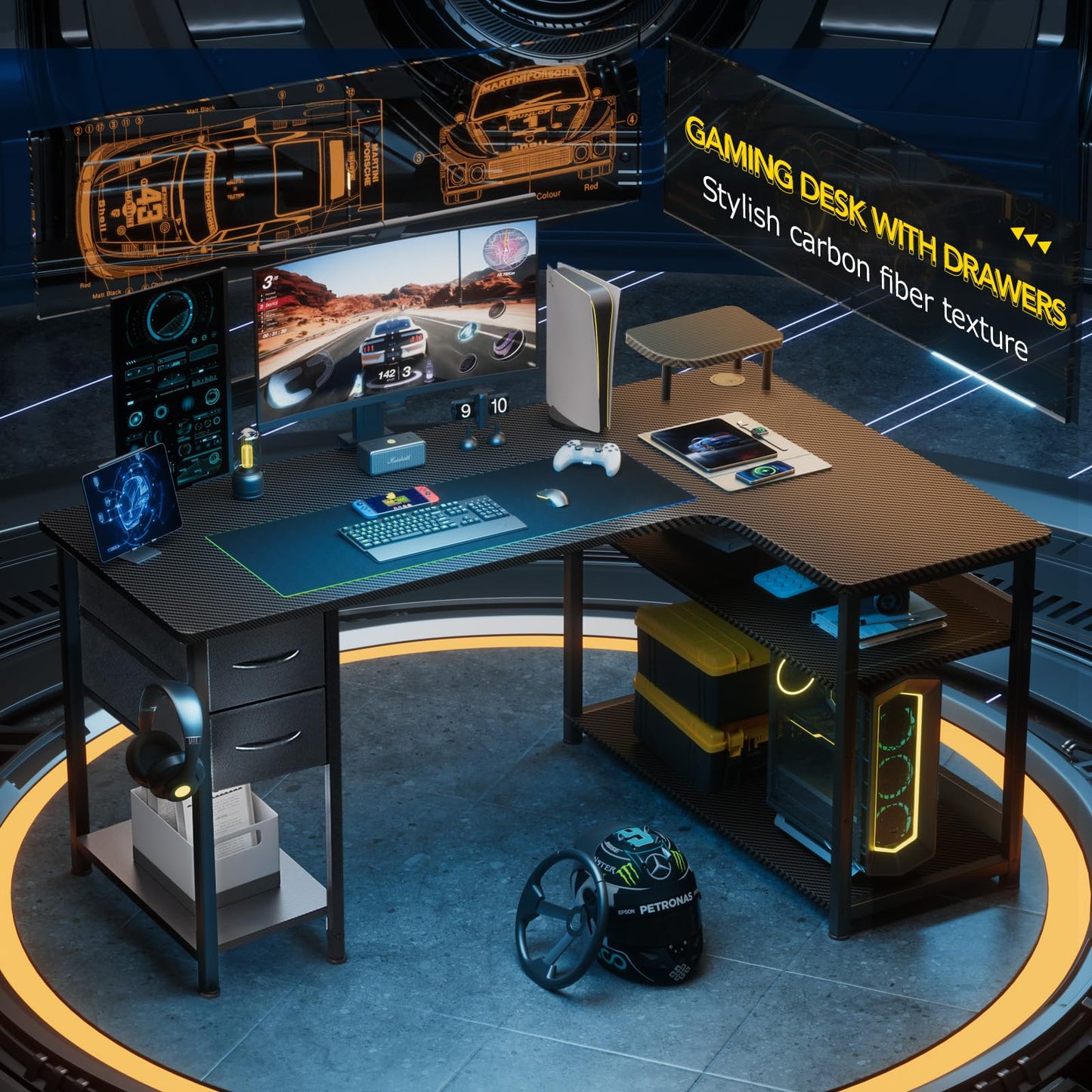 GTRACING Gaming Desk with Drawers, Carbon Fiber Style L Shaped Computer Desk Compatible with Monitor Arm Corner Desk Gaming Table for Home Office Desks, Easy to Assemble Adjustable Shelf Height