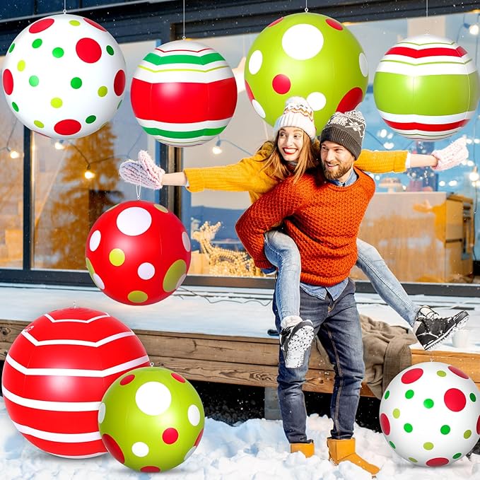 12 Pcs 24/16 Inch Giant Christmas Inflatable Ball Outdoor Blow up Xmas Inflatables Ornaments Giant PVC Christmas Ornaments for Tree Yards Lawns Porch Garden Front Doors Holiday Decor(24,16 Inch)