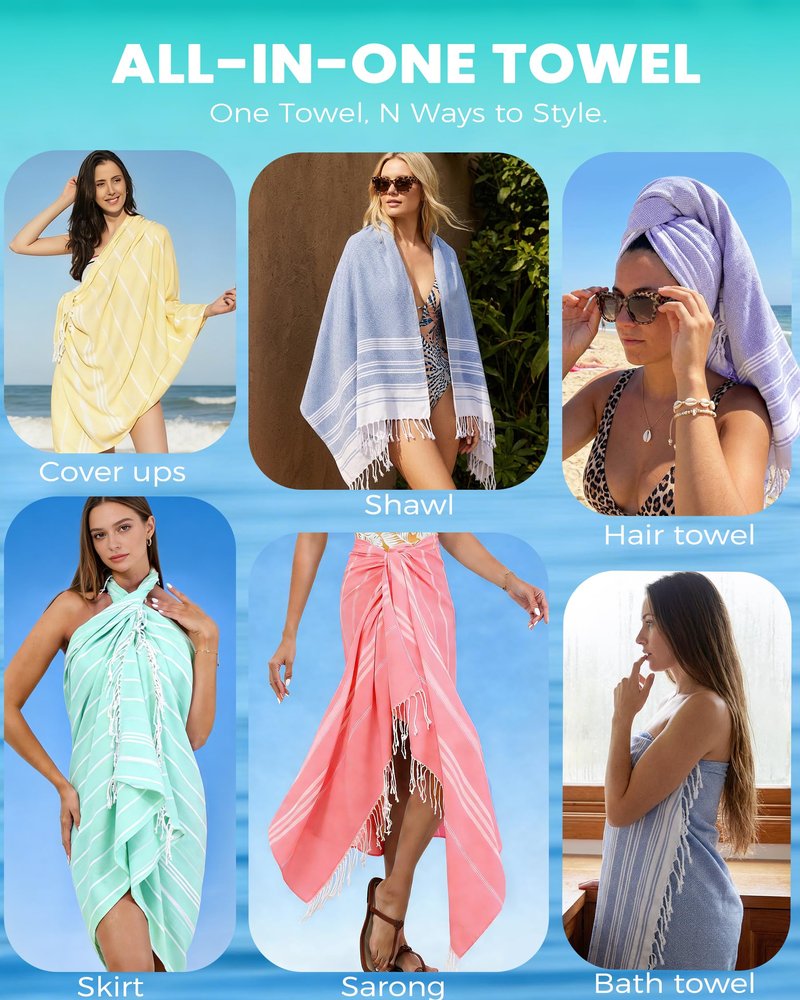2 Pack Turkish Beach Towel Vacation Essentials Quick Dry Sand Free Soft Absorbent Adult Oversized Bath Pool Swim Long Wide Stripe Towel Sound Cloud Linen Sandfree Chamoi Mat Summer Thing Thin Travel
