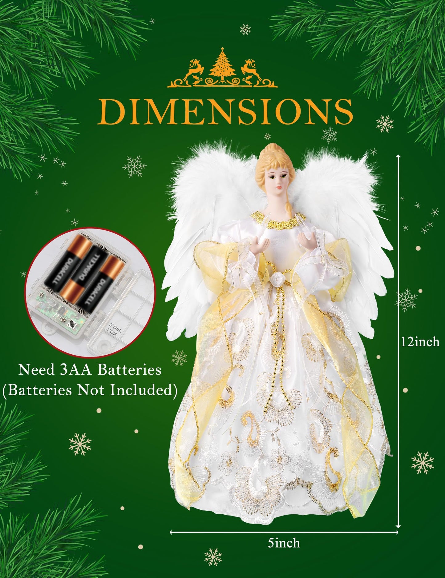 PEEKI Christmas Tree Topper, 12" Angel Treetop with Lights and Remote Control Timer, Christmas Tree Decoration for Holiday Ornament and Home Decor, Gold