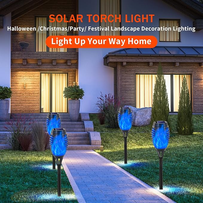 Swingers Solar Lights Outdoor,Halloween Solar Torch Lights with Flickering Flame,Waterproof Outdoor Garden Lights for Outside Patio Pathway Yard Decorations(8, Blue)